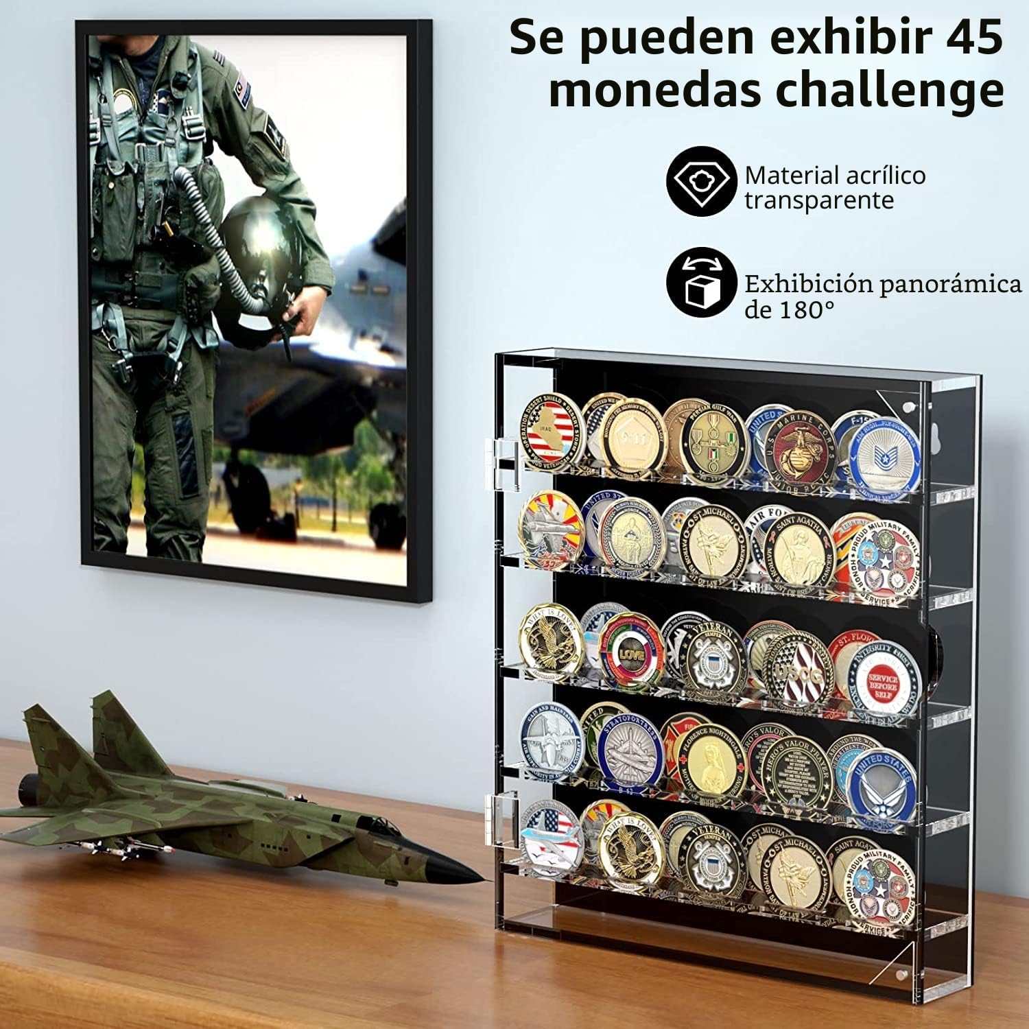 vitrina expositora pared monedas colecciones,exhibidor medallas militares,Soporte de Monedas de desafío Militar con estantes extraíbles y Puerta magnética, Caja de Monedas para 45 medallas Militares