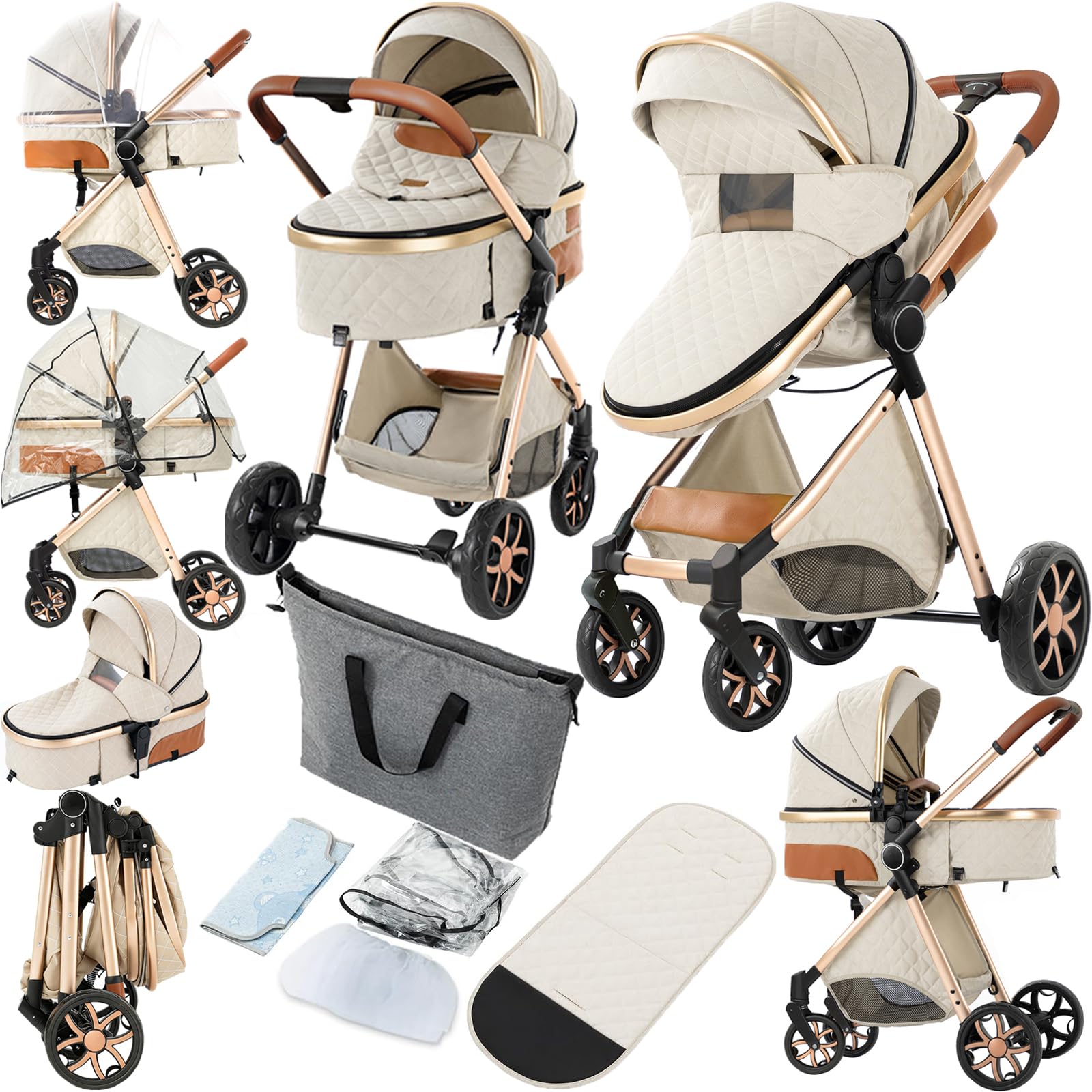 2 in 1 Baby Stroller, Convertible Pram, Reversible Standard Stroller, Portable Baby Buggy, Infant Carriage, Foldable High Landscape Pushchair for Toddler Newborn (225 Creamy White)