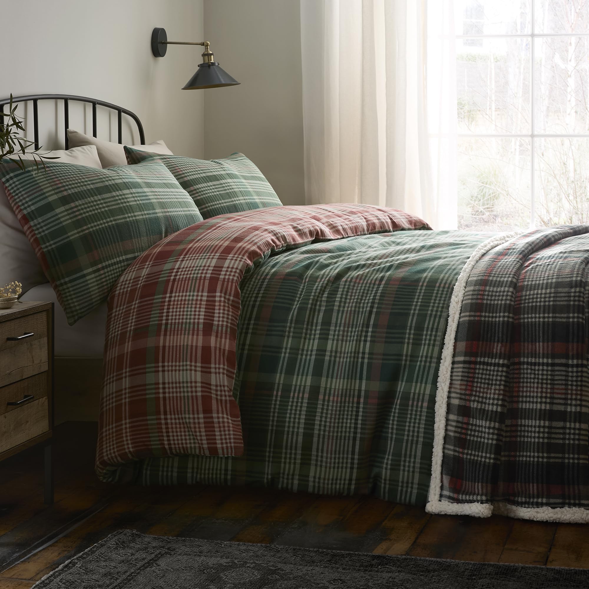 Dreams & Drapes Lodge Bennet - Set copripiumino a quadri, 100% cotone spazzolato, king size 230 x 220 cm, verde, motivo tradizionale a quadri, 2 federe