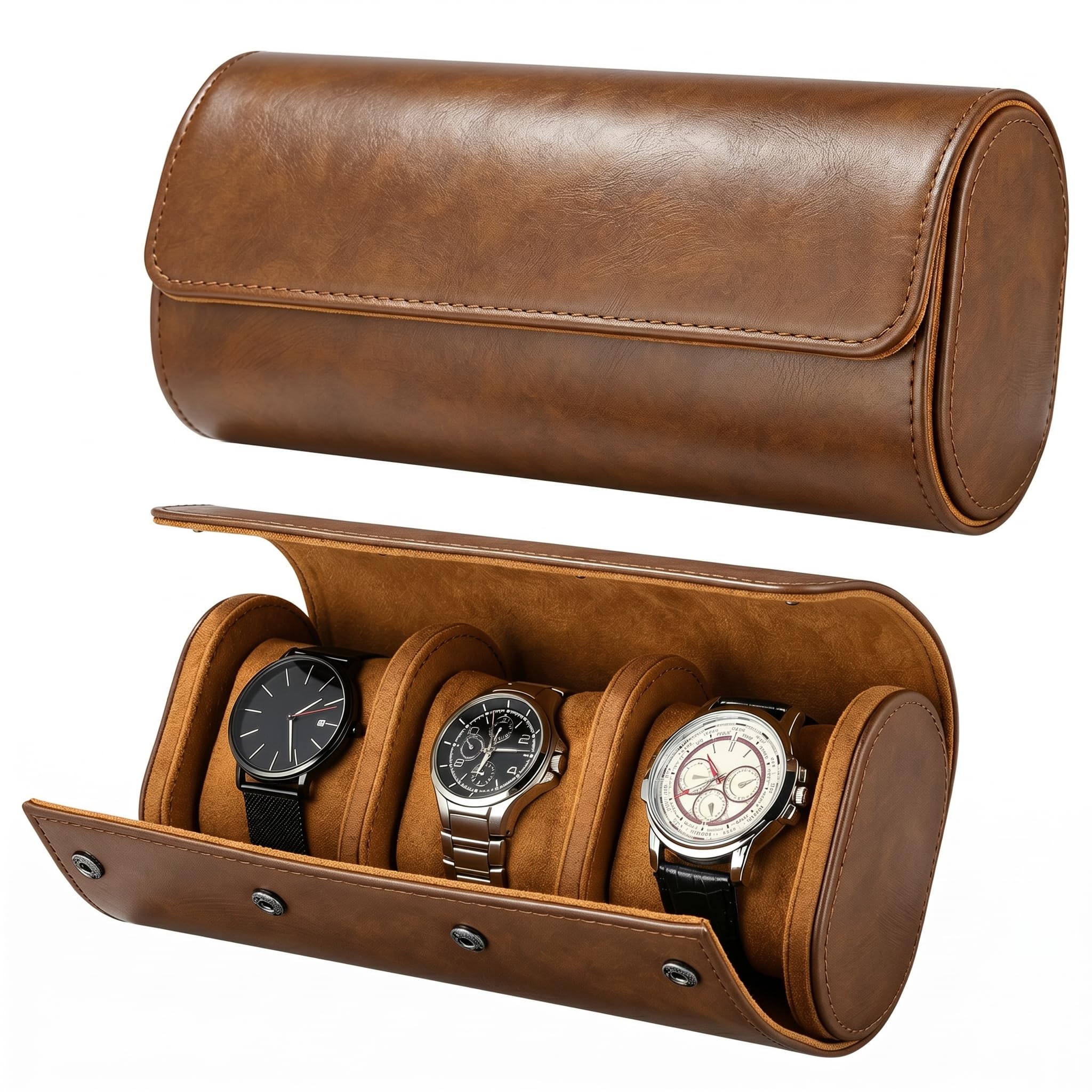 VILLCASE Boîte de Rangement pour 3 Montres, Étui de Voyage Portable en Cuir PU, Rouleau de Transport avec Coussins Souples, Coffret Cadeau Homme - Marron