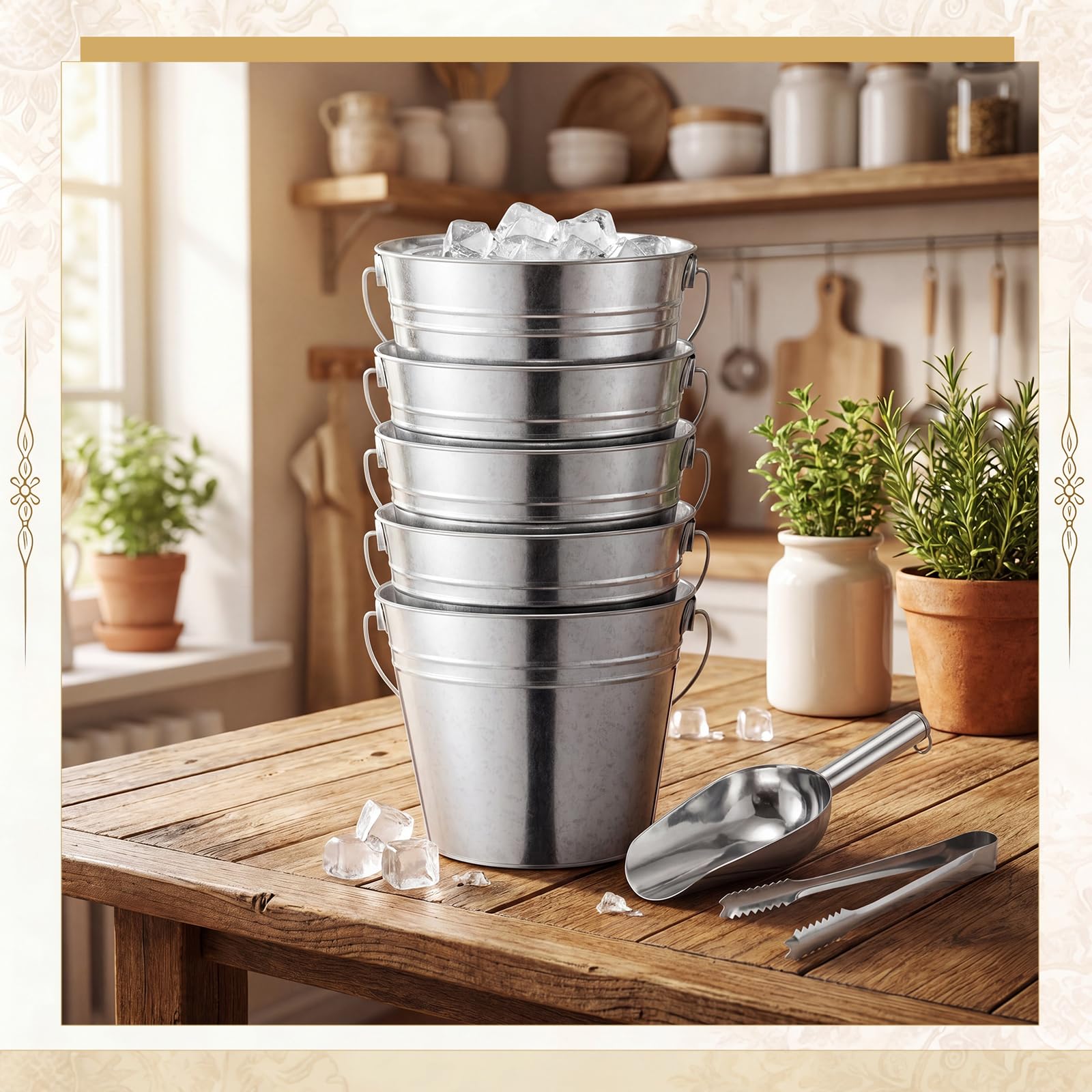 Zopeal 12-teiliges verzinktes Bierkübel-Set, enthält 8 Metall-Eiskübel mit 2 Schaufeln und 2 Zangen, runde silberfarbene Eimer, Großpackung für Hochzeiten, Geburtstage, Strand, Pool