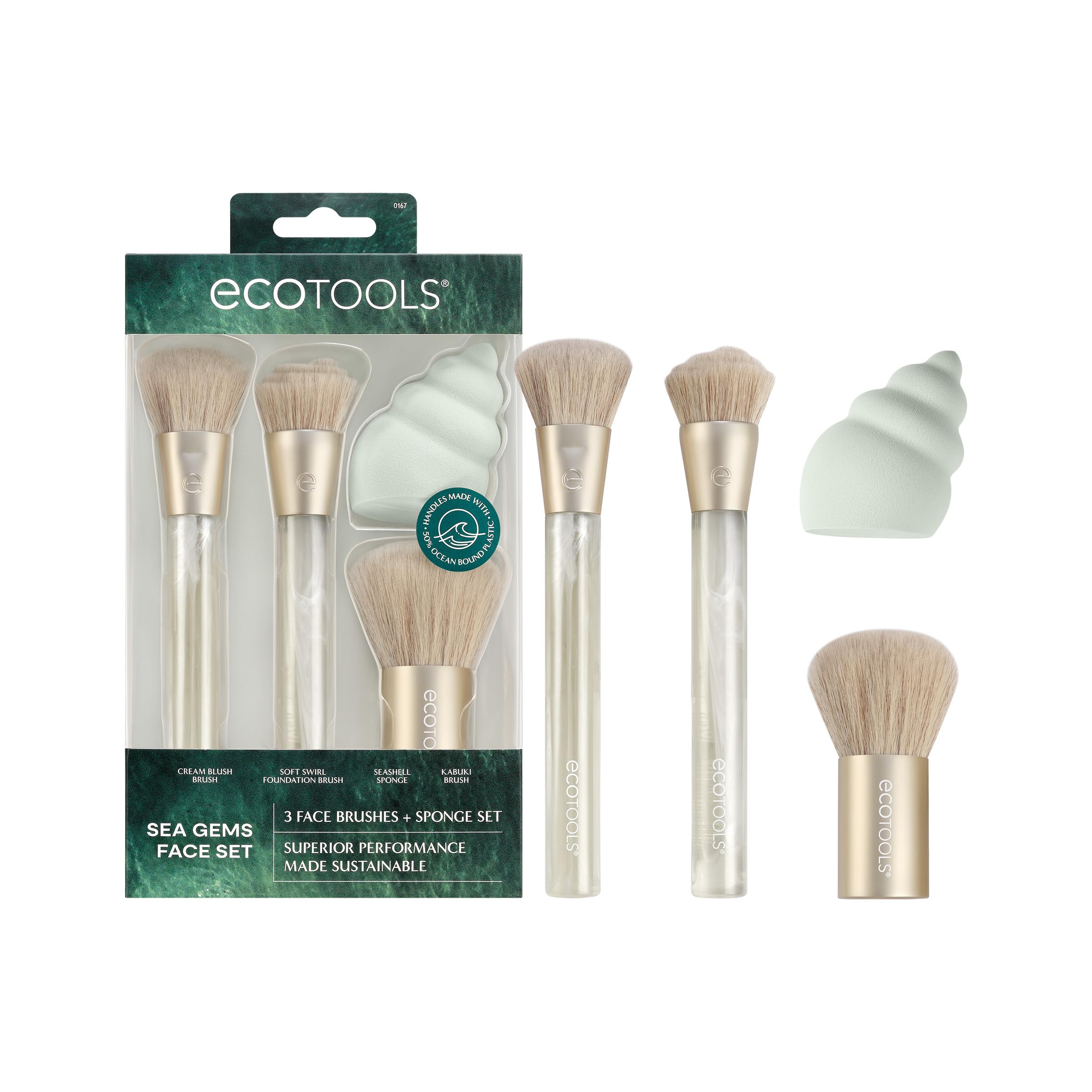 EcoTools Sea Gems Face Makeup Brush & Sponge 4 Piece Set, Eco-Friendly Makeup Brushes & Makeup Sponge, For Foundation, Blush, Contour, & Setting