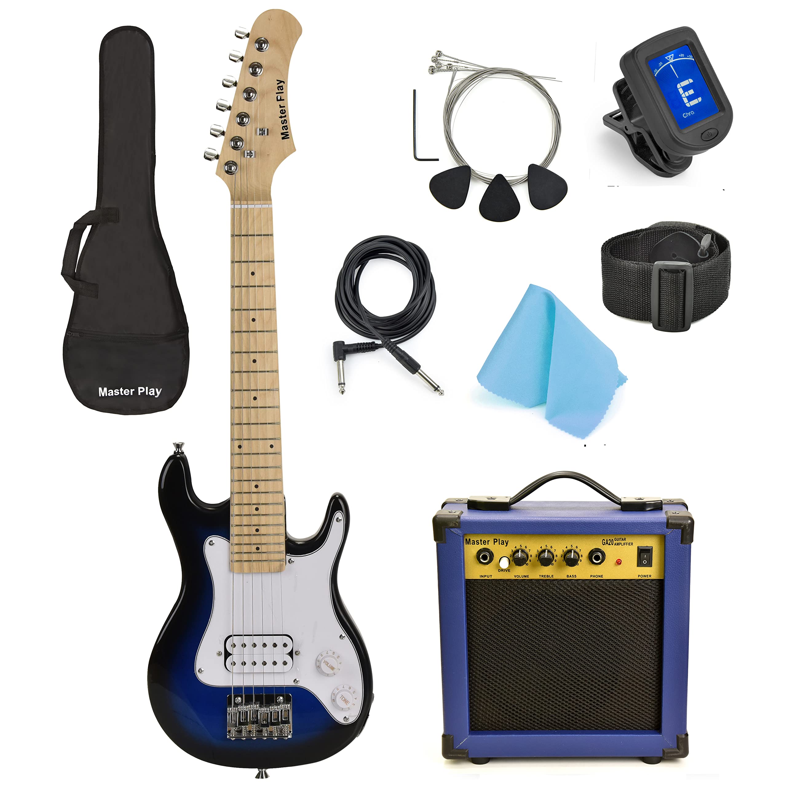 master play 30 inch electric guitar,for kids/beginner with complete starter kit, 20 watt amp, 6 extra string, picks, gig bag, shoulder strap, digital tuner, cable, wash cloth blueburst