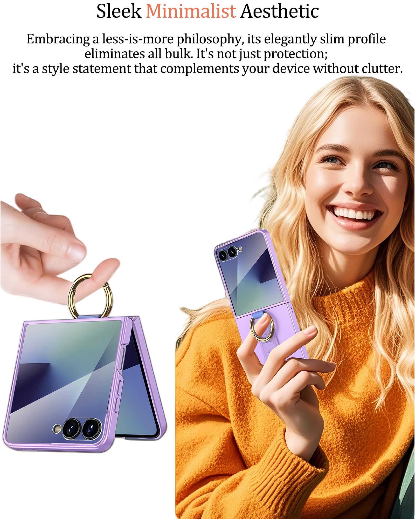 Compatible with Samsung Galaxy Z Flip 7 Custodia con Laccio da Polso, 9H Protettore Schermo Antishock Sottile Custodia Protettiva con Anello per Dito - Viola