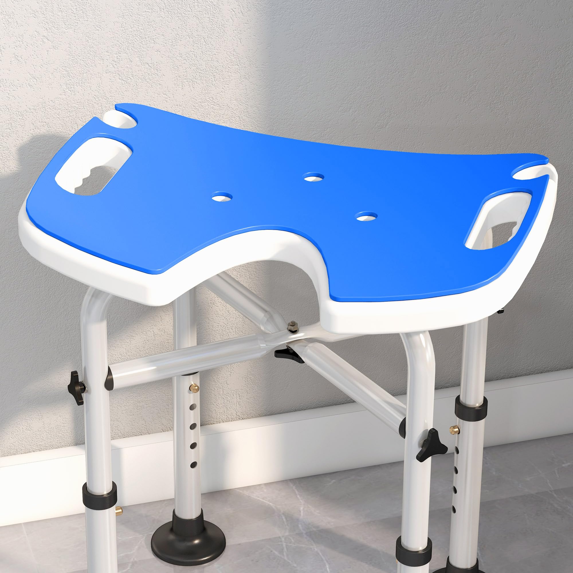 HOMCOM Sgabello da Doccia Regolabile in Altezza con Maniglione a Ventosa, Sedia da Doccia per Anziani e Disabili con Seduta Imbottita a U e Piedini Antiscivolo, Blu Scuro