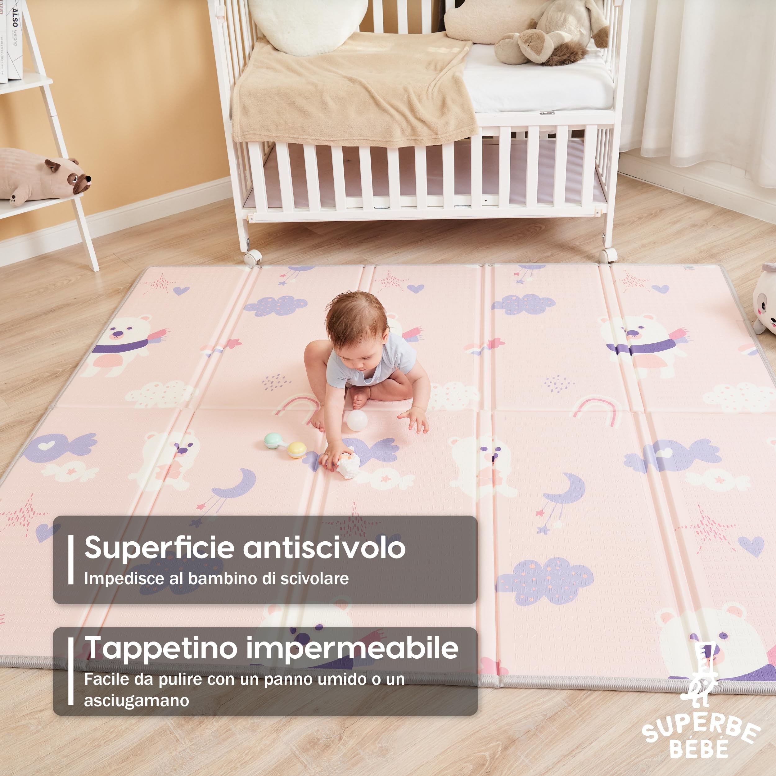 SUPERBE BEBE Tappeto Per Bambini e Neonati Reversibile e Non Tossico, Pieghevole e Impermeabile in Schiuma Per Bimbi. Per la Camera del Bambino o della Bambina. Grande Formato Regalo Bambino