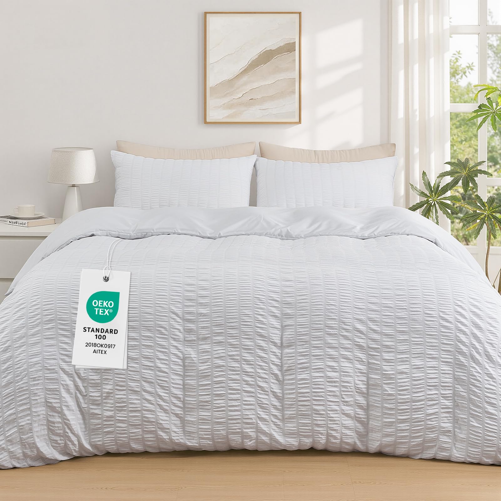 Duvetnova White Seersucker Double Duvet Sets OEKO-TEX Soft Breathable Microfiber Bedding Set with Zipper Closure All Season 200x200cm with 2 Pillow Cases
