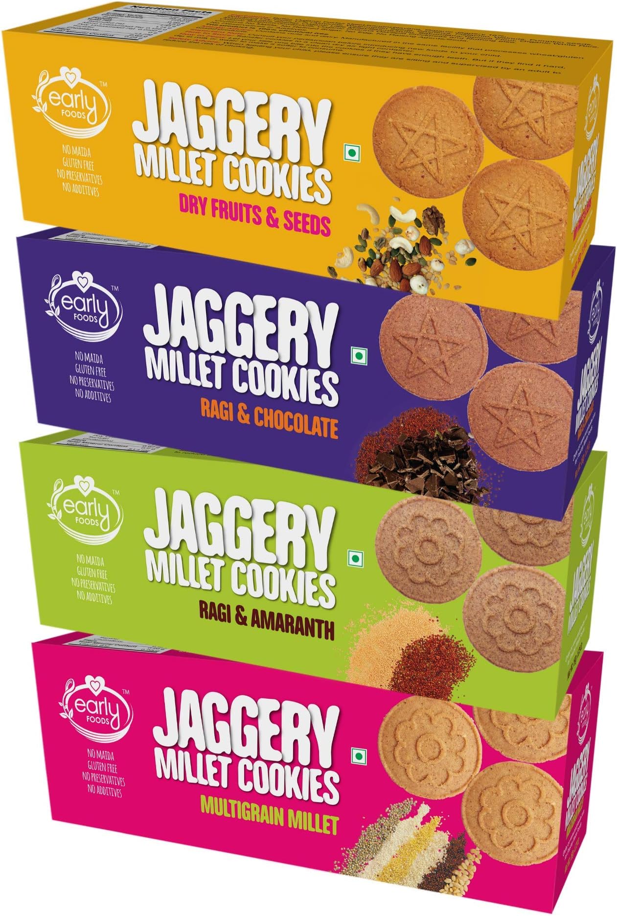 Early Foods Assorted - Ragi, Dry Fruit, Millet & Chocolate Jaggery Cookies, 4 X 150 g