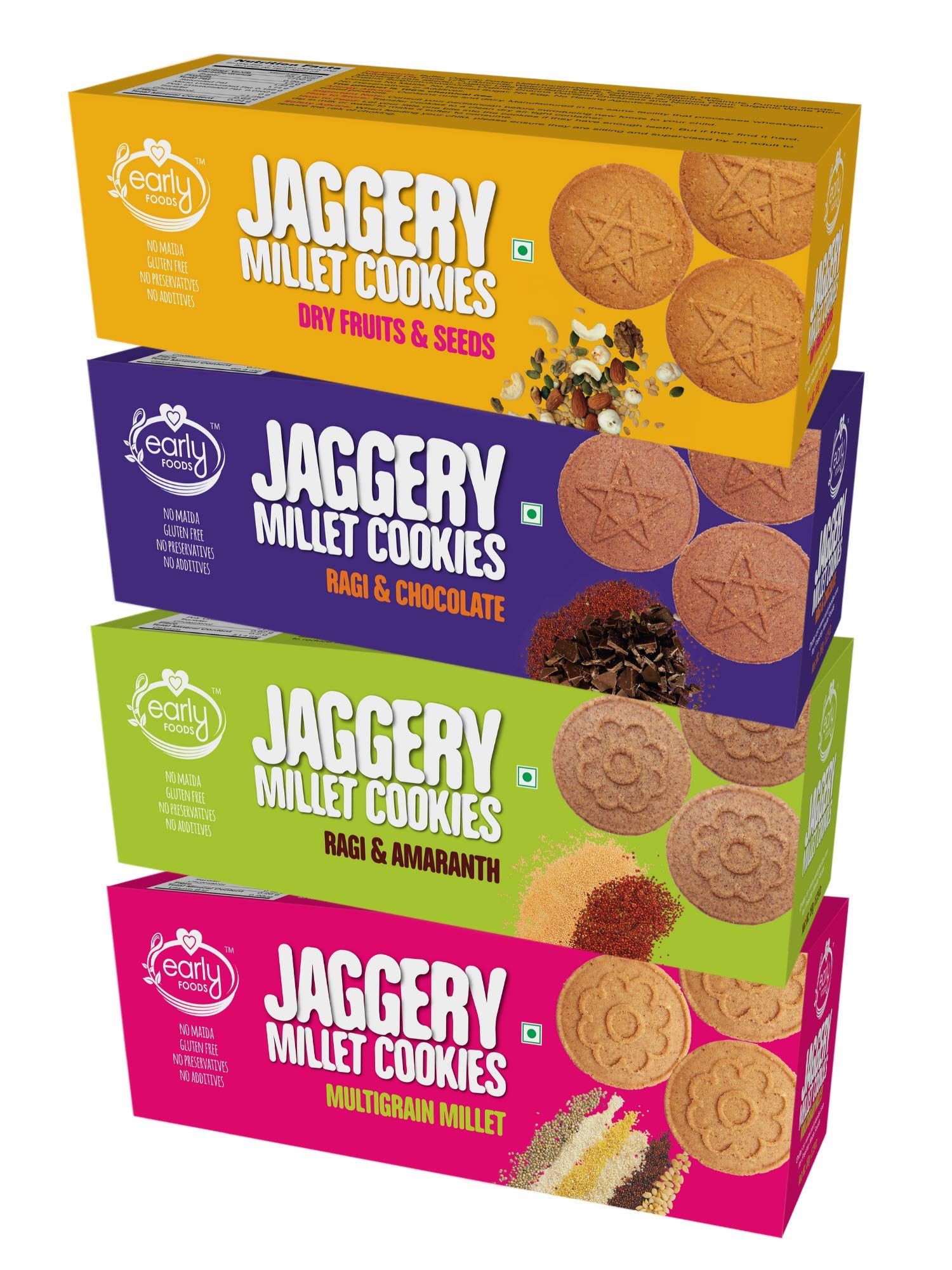 Early Foods Assorted - Ragi, Dry Fruit, Millet & Chocolate Jaggery Cookies, 4 X 150 g