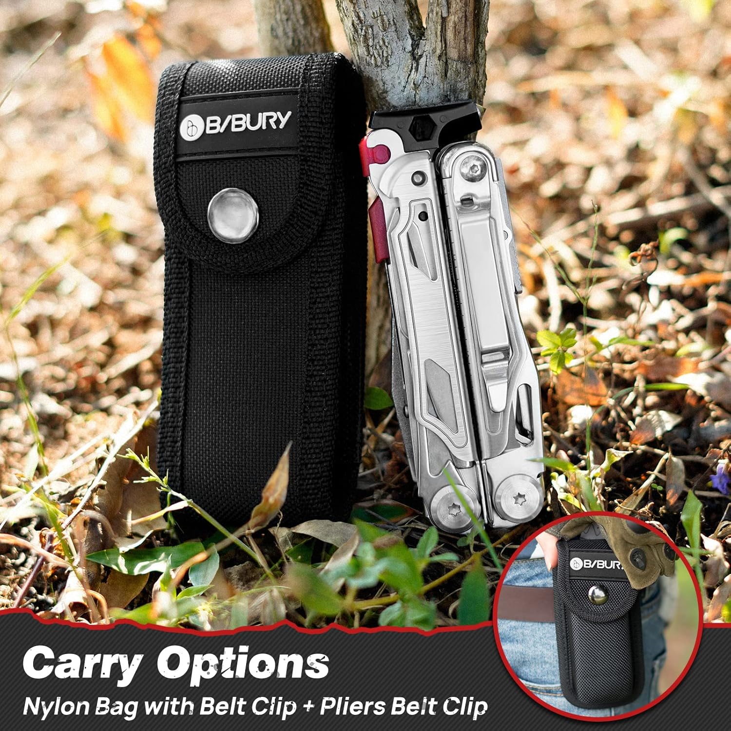 BIBURY Multitool Pliers BI2038B, 22-in-1 Stainless Steel Multi Tool with Flint, Window Breaker, Scissors, Back Clip, Folding Pocket Multifunctional Self-locking EDC Tool for Survival Camping Hiking - Image 7