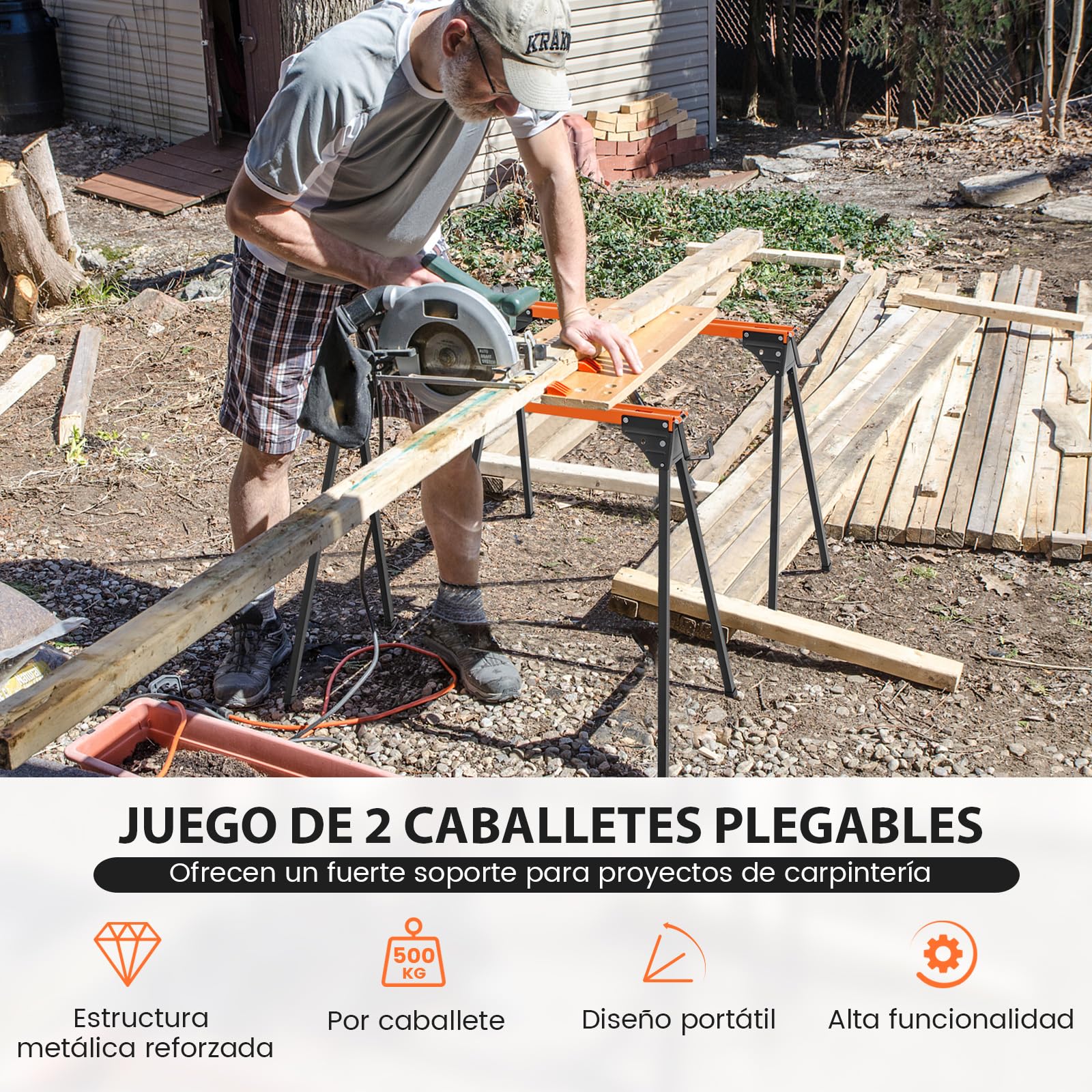 COSTWAY 2 Caballetes de Sierra de Metal, Carga Máxima de 500 Kg, Patas de Apertura Rápida y 2 x 4 Brazos de Soporte, Paquete Doble de Caballete Portátil para Carpintería (96,5 x 47 x 76 cm)