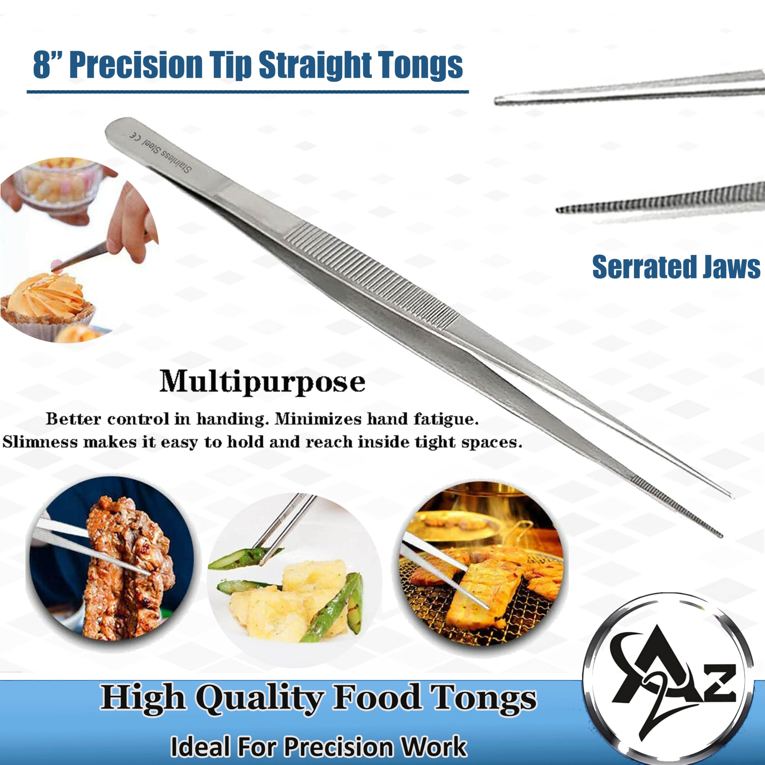 Professional Culinary Stainless Steel Precision Tongs with Serrated Tips, Plating/Food Presentation Detailing Serving Tongs, Chef's Kitchen Tweezer Tongs - Ultra Non-Slip Grip (8
