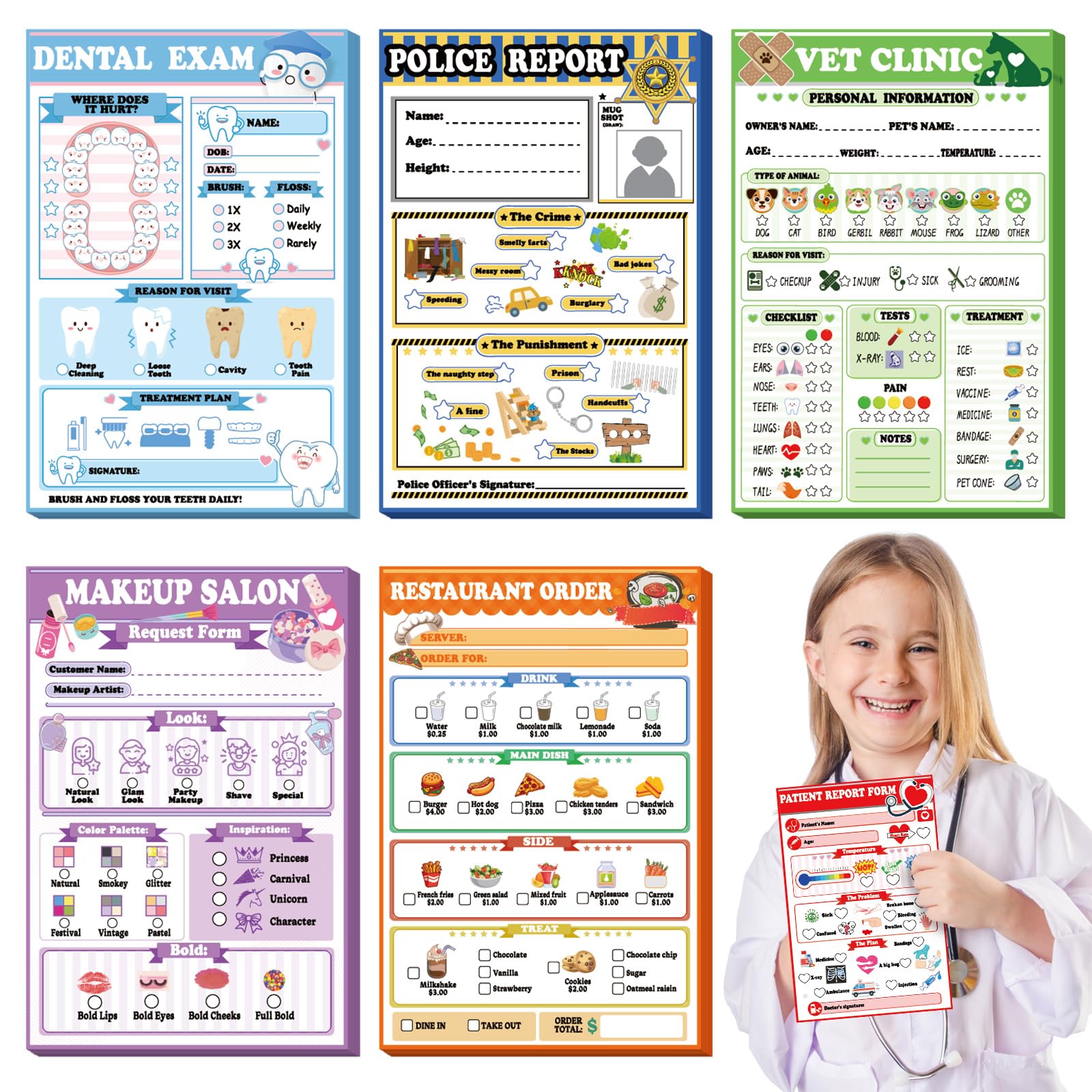 Eaasty 6 Pack Kids Pretend Play Notepads 4 x 6 Inch Playtime Pads for Kids 40 Pages Pretend Notebooks Imaginative Role for Toddlers (Role Play)