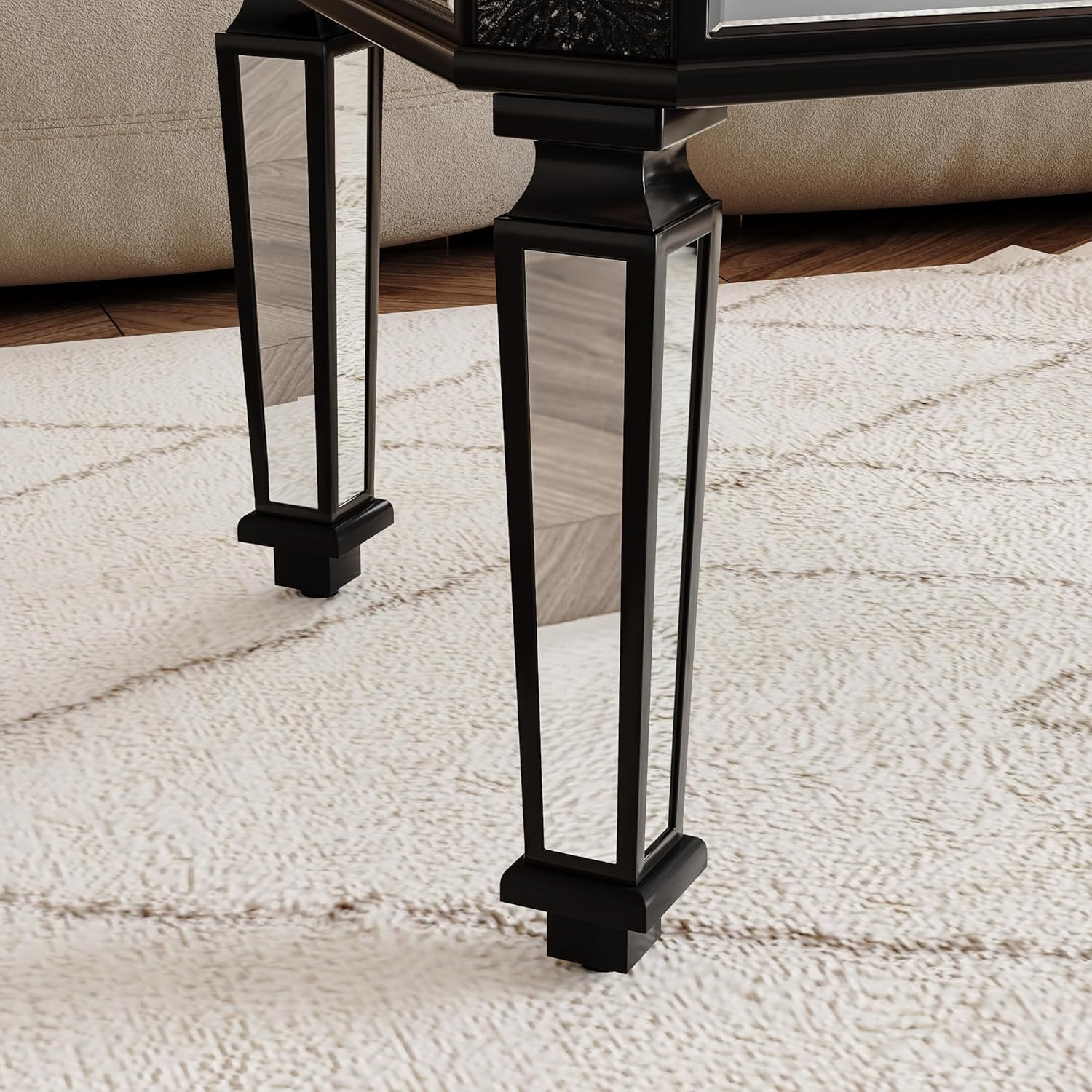 48" Black Mirrored Coffee Table, Rectangle Mirror Center Table with Vintage Carved Elements, Modern Luxury Mirrored Furniture Cocktail Tea Table for Living Room and Office