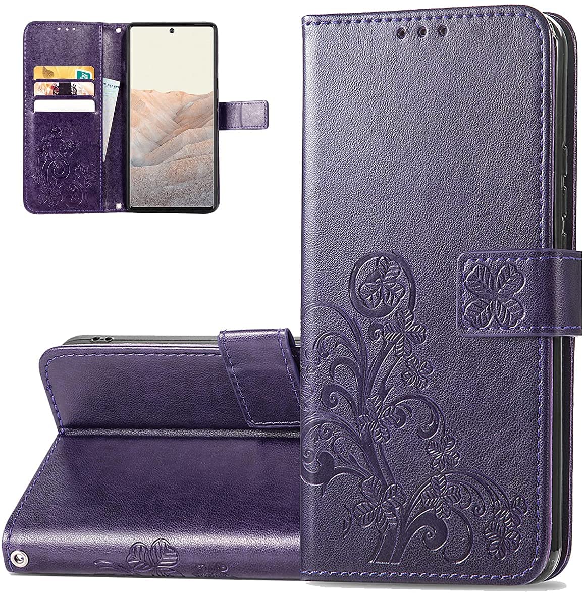 Ysnzaq Samsung Galaxy A22 4G (Not 5G) Case,4 Leaf TPU Leather Magnetic Clasp Flip Case with Wrist Strap and Cash Pocket Credit Card Slots Holder Wallet Cover for Samsung Galaxy A22 4G SYC Purple