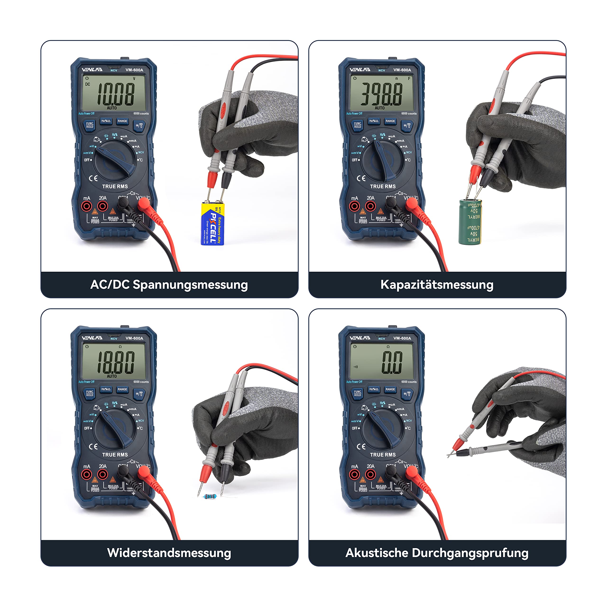 Multimeter mit 6000 Zählungen, True RMS Auto-Ranging Digital,VENLAB Strommessgerät Voltmeter, Misst genau Spannung Strom Widerstand Diode Durchgang, Mit LCD-Anzeige und faltbar Ständer.