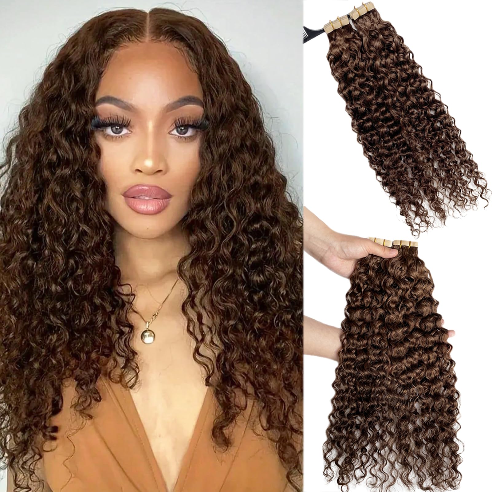 Photo 1 of Chocolate Brown Tape in Hair Extensions Human Hair Water Wave 18 Inch 20pcs 100% Brazilian Real Remy Human Tape ins for Black Women #4 Loose Curly Double Sided Seamless Invisible Weft Extension