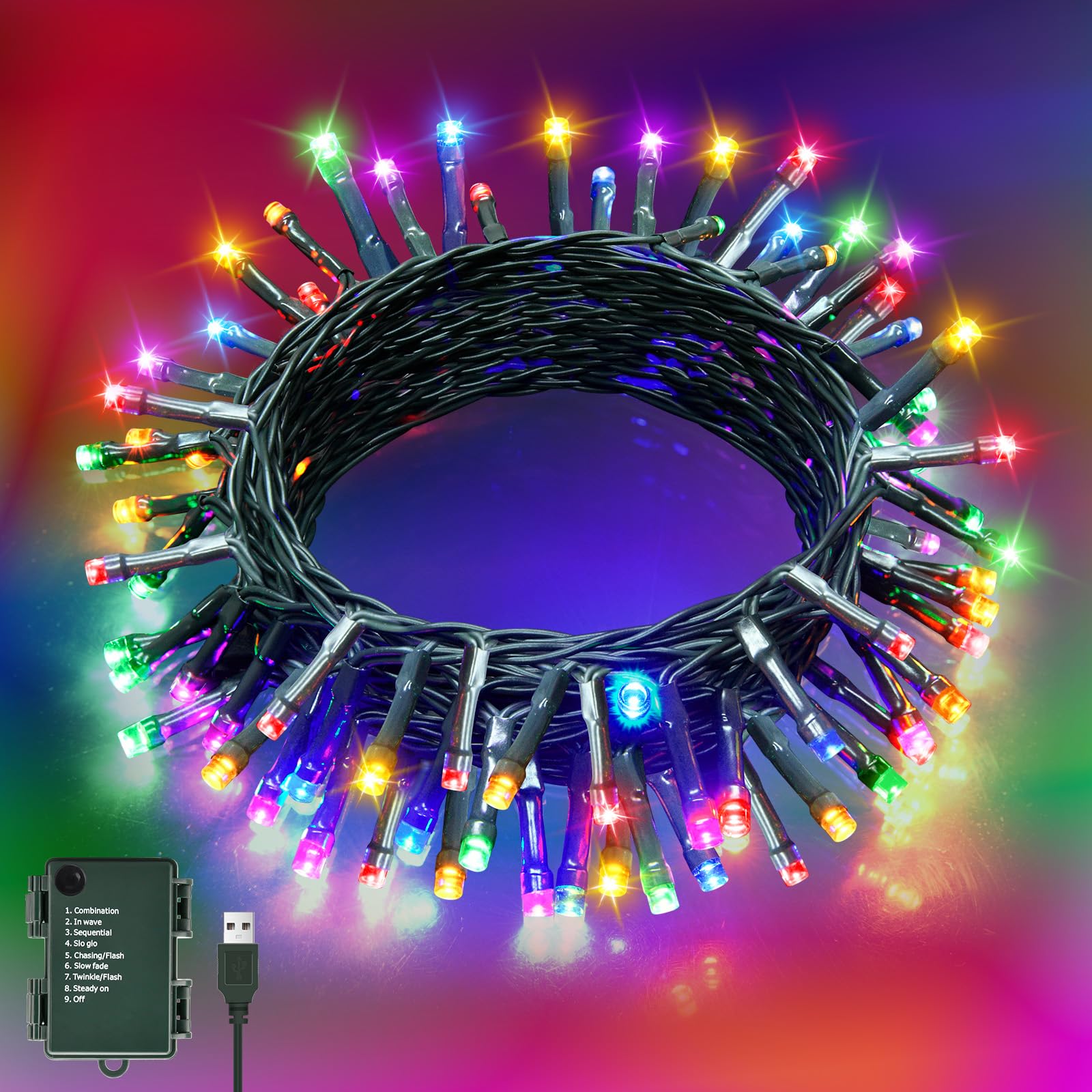 Isisyu Fairy Lights 6M 60LED Fairy String Lights USB or Battery Operated with Timer, 8 Modes, Waterproof Green Wire Multicolour Christmas Lights for Indoor Outdoor Bedroom Wedding Birthday Wreath Xmas