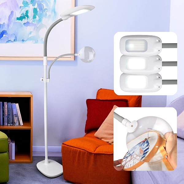 OttLite LED Floor Lamp with Optical Grade Magnifier - ClearSun LED Technology - 3 Brightness Settings, Adjustable Arm & 