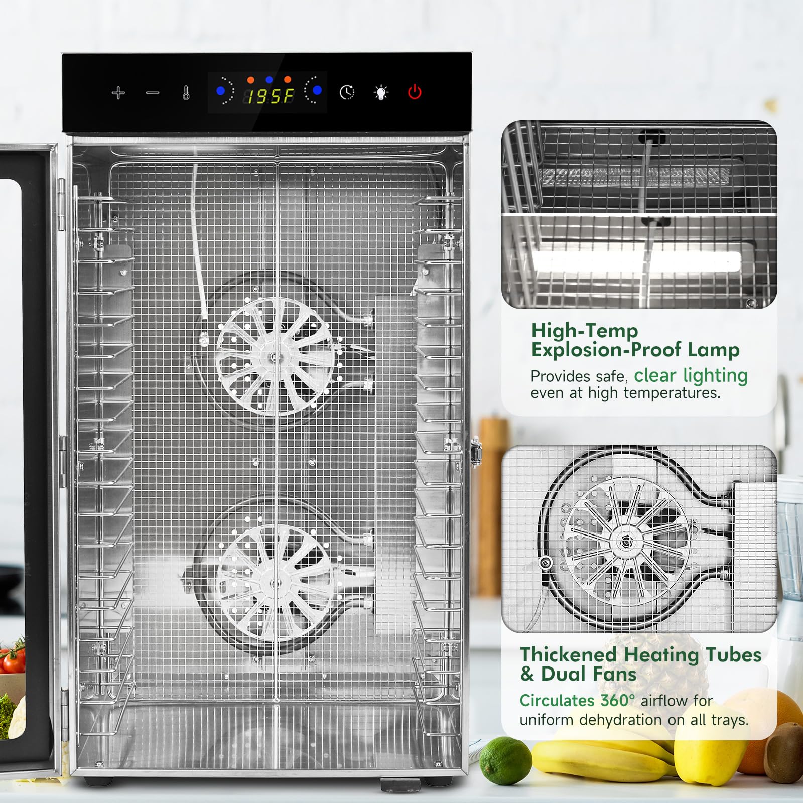 Máquina deshidratadora de alimentos, 18 bandejas de acero inoxidable de 1000 W, deshidratadora de alimentos comercial con temporizador digital de 24 horas, control de temperatura, secador de alimentos