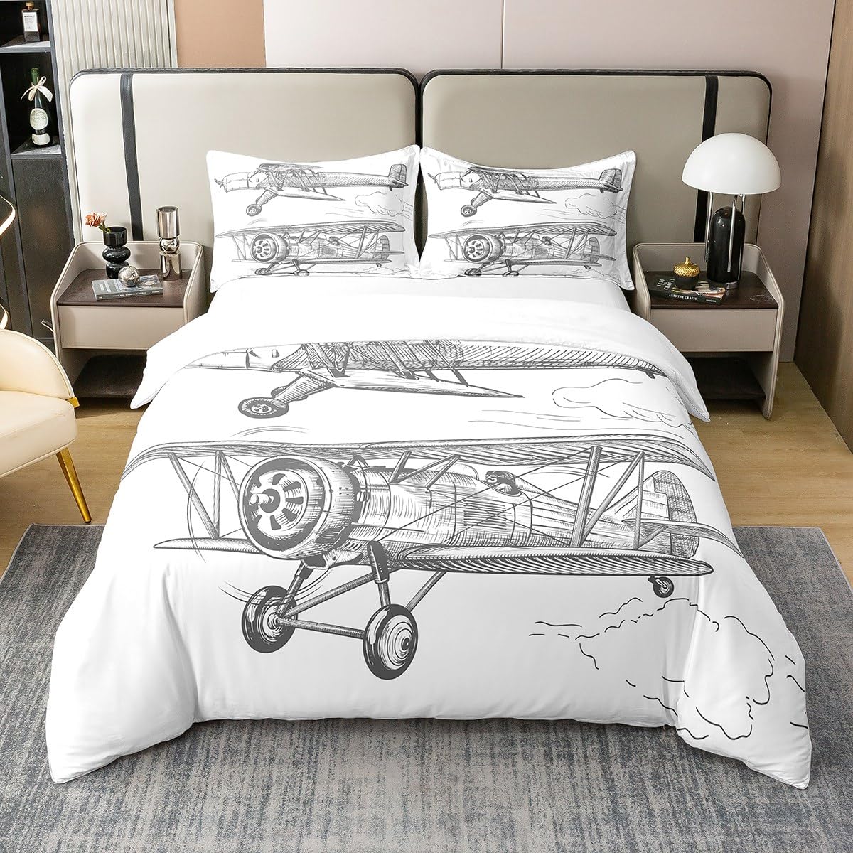 Airplane 100% Cotton Duvet Cover Set Single Size Kids Aircraft Comforter Cover Set for Boys Teens Travel Bedding Set Helicopter Flying Plane Grey and White Bedspread Cover Room Decor Quilt Cover — image 1