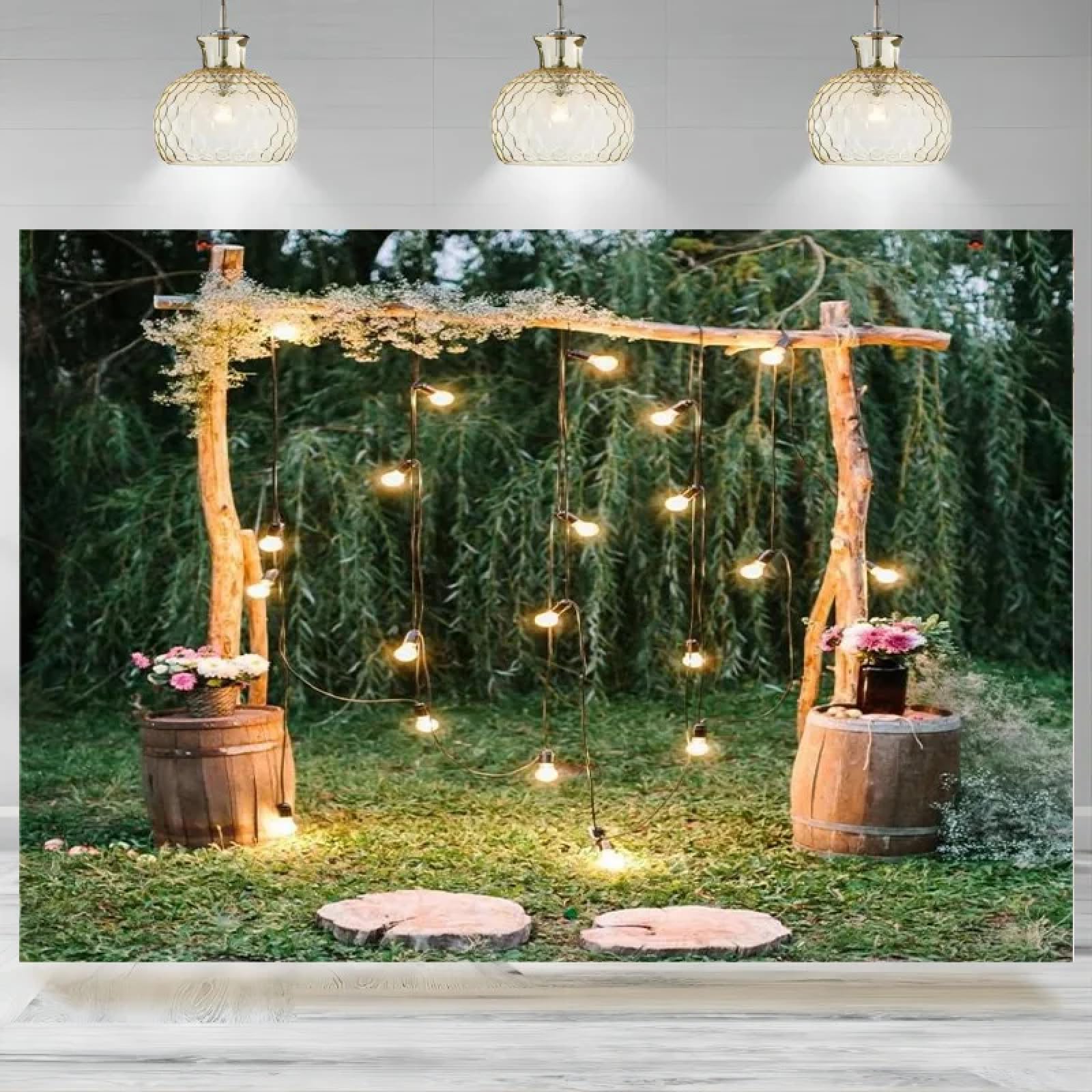 Rustykalny styl tło zaręczynowe łuk ślubny dekoracja światełka bukiety kwiatów tło fotograficzne tło walentynkowe baner 440 x 300 cm