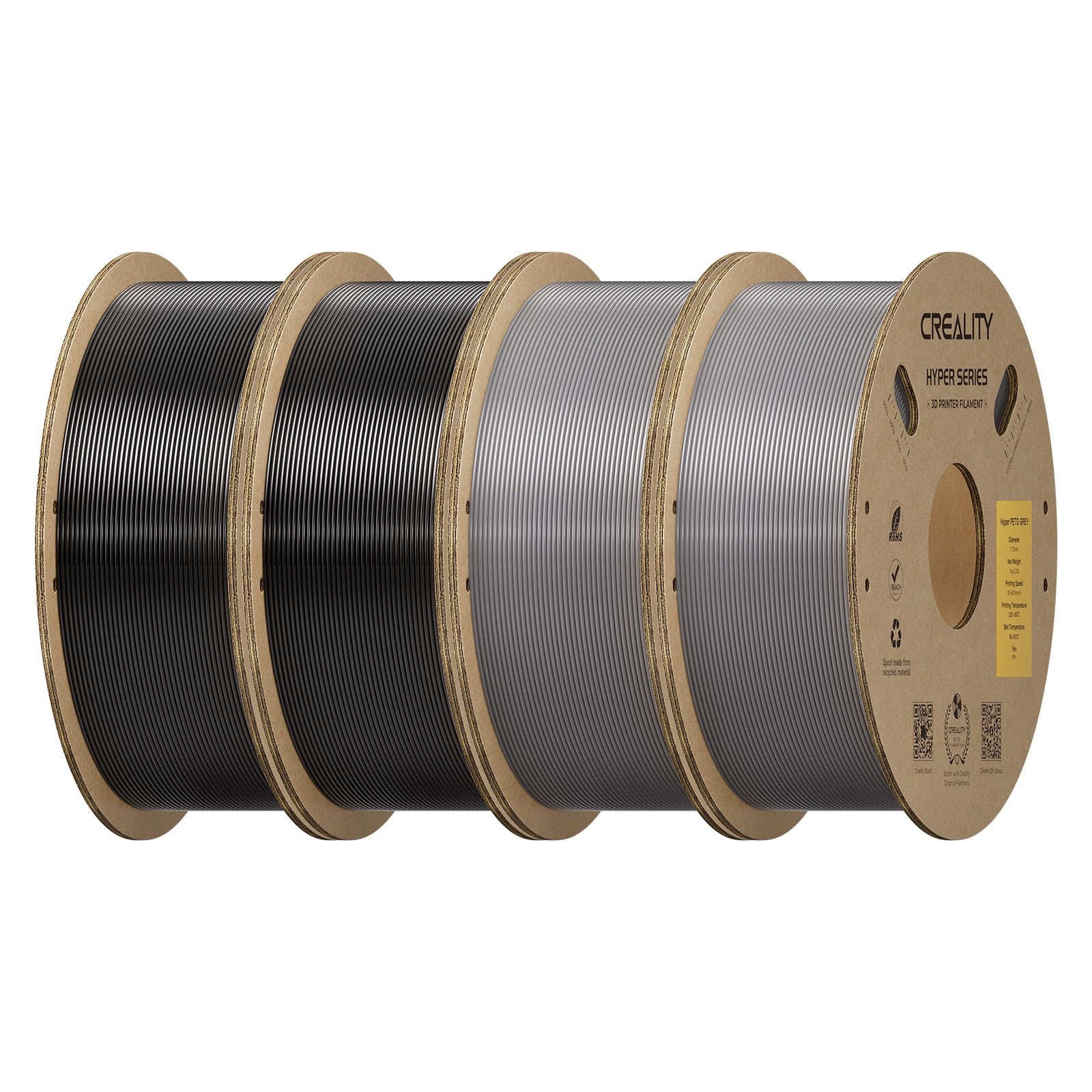 Creality Hyper PETG Filament 1.75mm, Black &amp; Grey, 4-Pack, 4KG