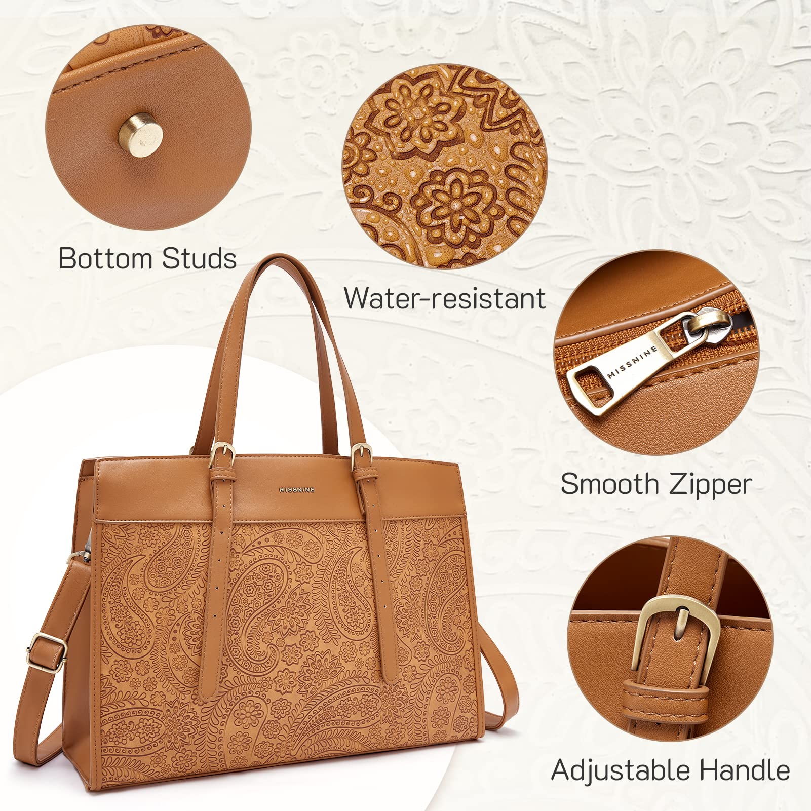 Missnine Laptop Bag for Women 15.6 inch Work Tote Bags PU Leather Professional Computer Briefcase for Office, Business??îBrown