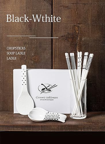 Miniatura 5 de Santentre Palillos de cerámica reutilizables aptos para lavavajillas, patrón minimalista, juego de palillos antideslizantes con cucharas de