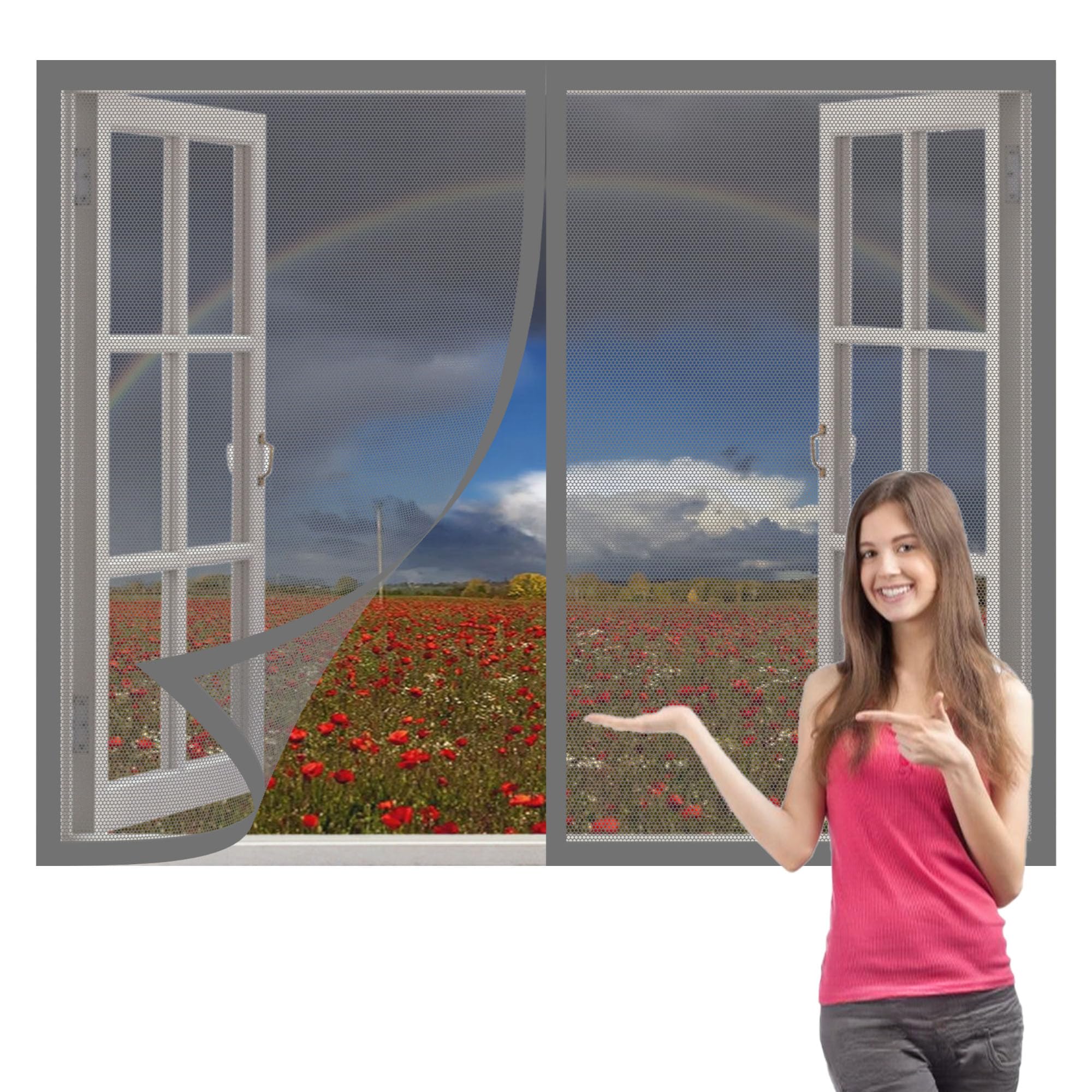 Fly Screens Windows 170 x 180 cm with Selfadhesive Selfadhesive Window Guard Screen Easy Install for Window, Bedroom, Living Room, Kitchen Patio, Grey
