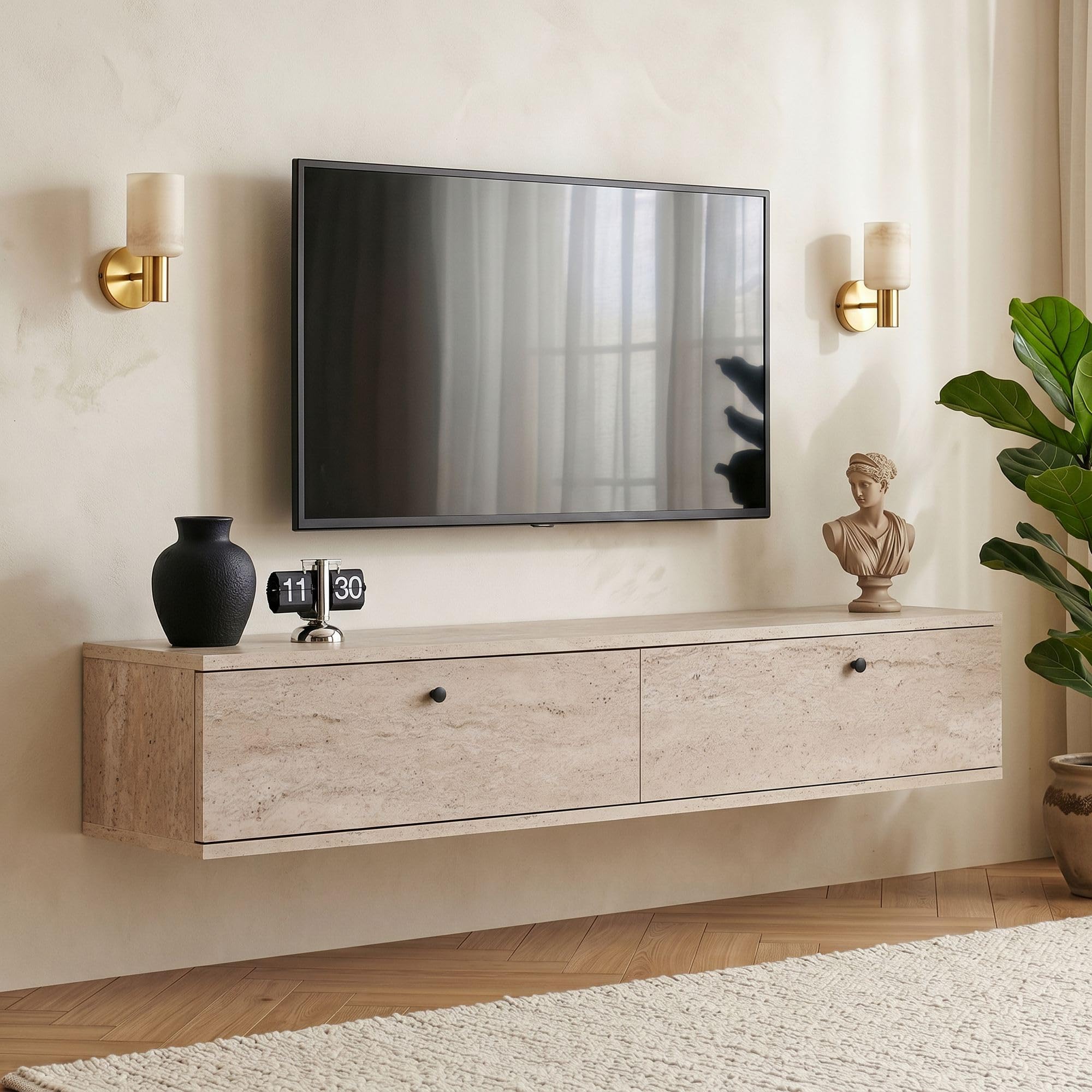 Hanah Home Elegante soporte de TV con aspecto travertino, 140 x 25 x 25 cm, tablero de partículas resistente con revestimiento de melamina, incluye soporte de pared, diseño moderno, capacidad de carga