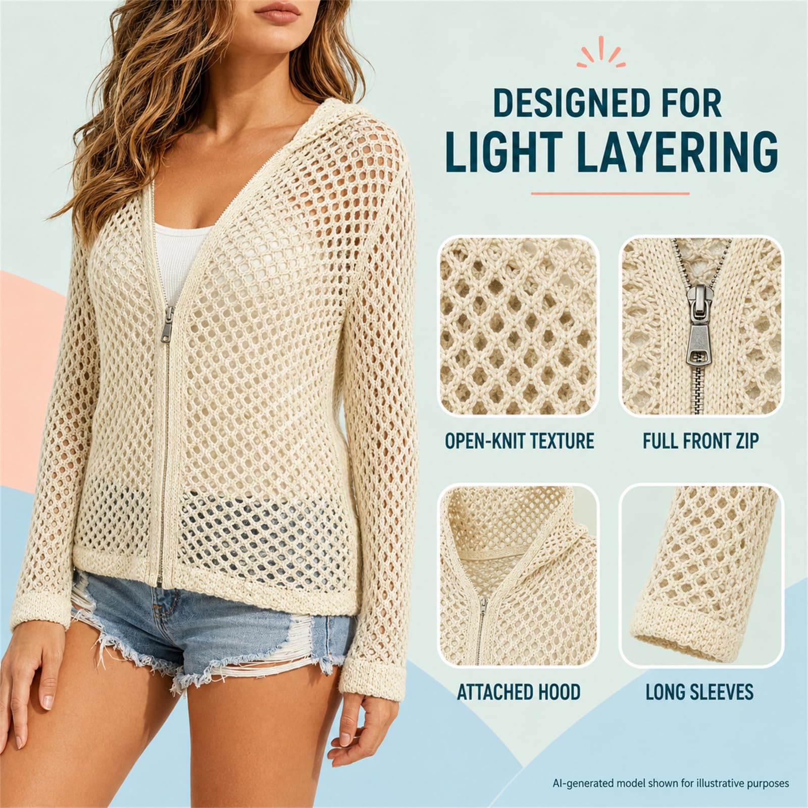 Cardigan da donna all'uncinetto con cappuccio e cerniera, leggero maglione