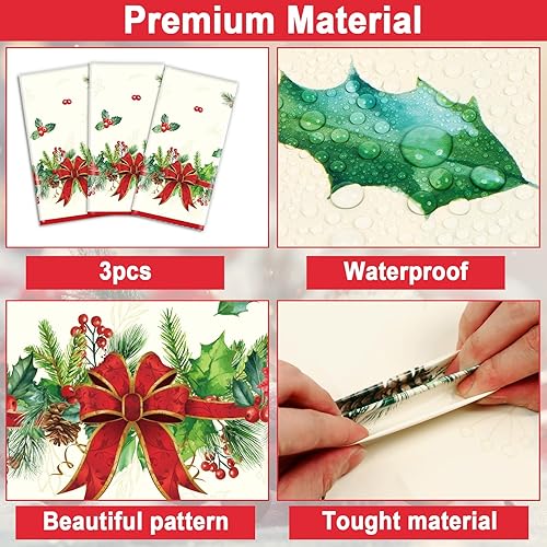 Miniatura 3 de Mantel de fiesta de Navidad con acebo y cono de pino, 3 piezas, mantel rectangular de 108 x 54 pulgadas, rectangular, impermeable, decoración para