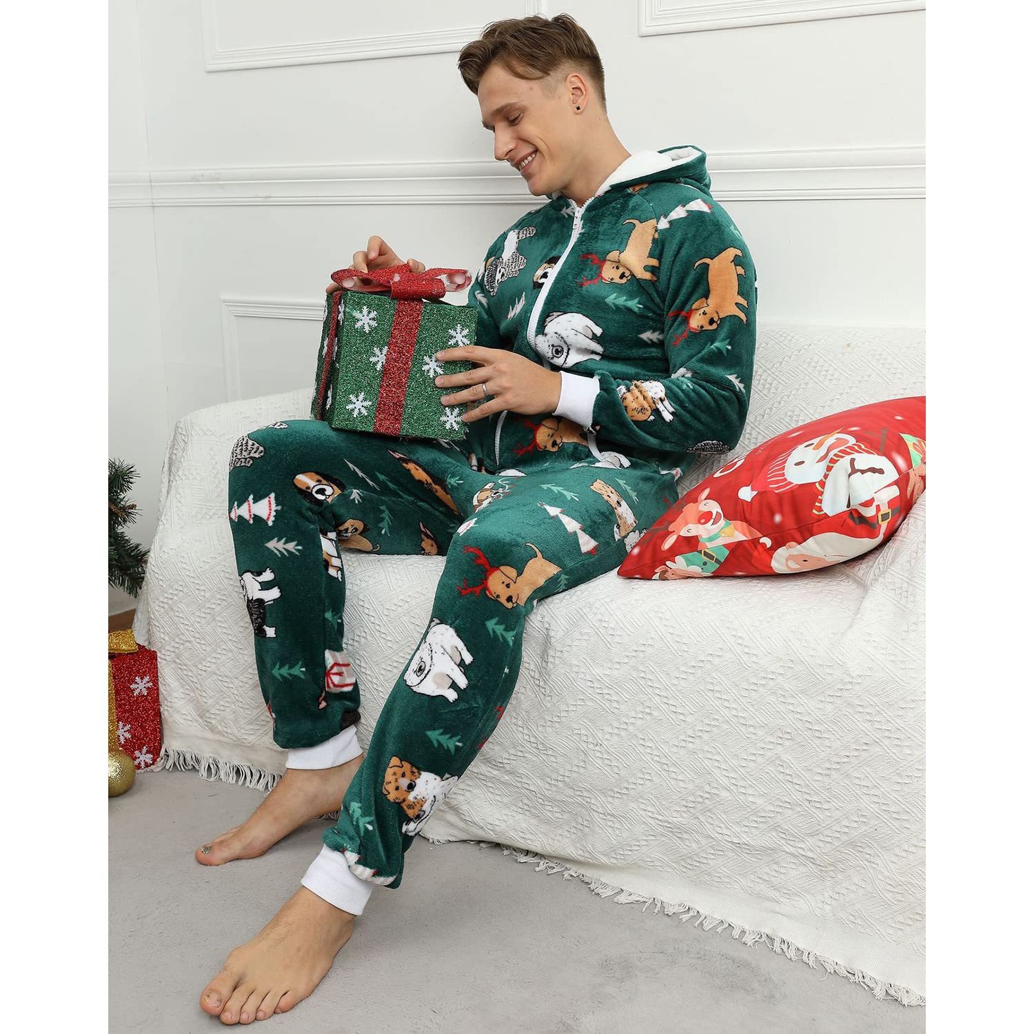 Pijama Navidad Una Pieza Hombre Franela Pijamas Mono Entero con Capucha Manga Larga Invierno Calentito Jumpsuit Adulto Onesie Ropa de Casa Dormir Verde XL