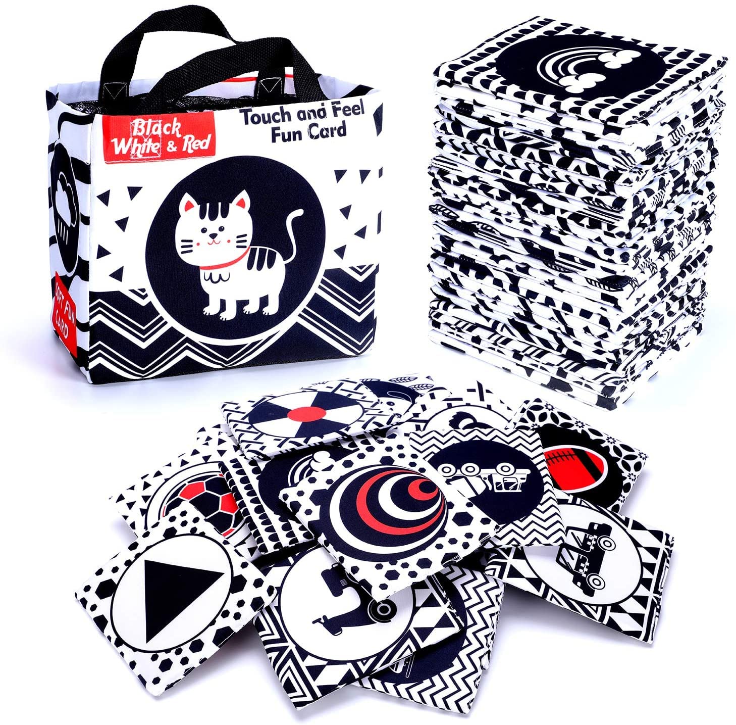 Black and White Soft Cloth Flash Cards for Babies, Nontoxic Fabric High Contrast Toys Visual Recognition with Storage Bag Early Educational Toy Washable Newborns Toys Gift for Baby 0+ Month(24 Pack)