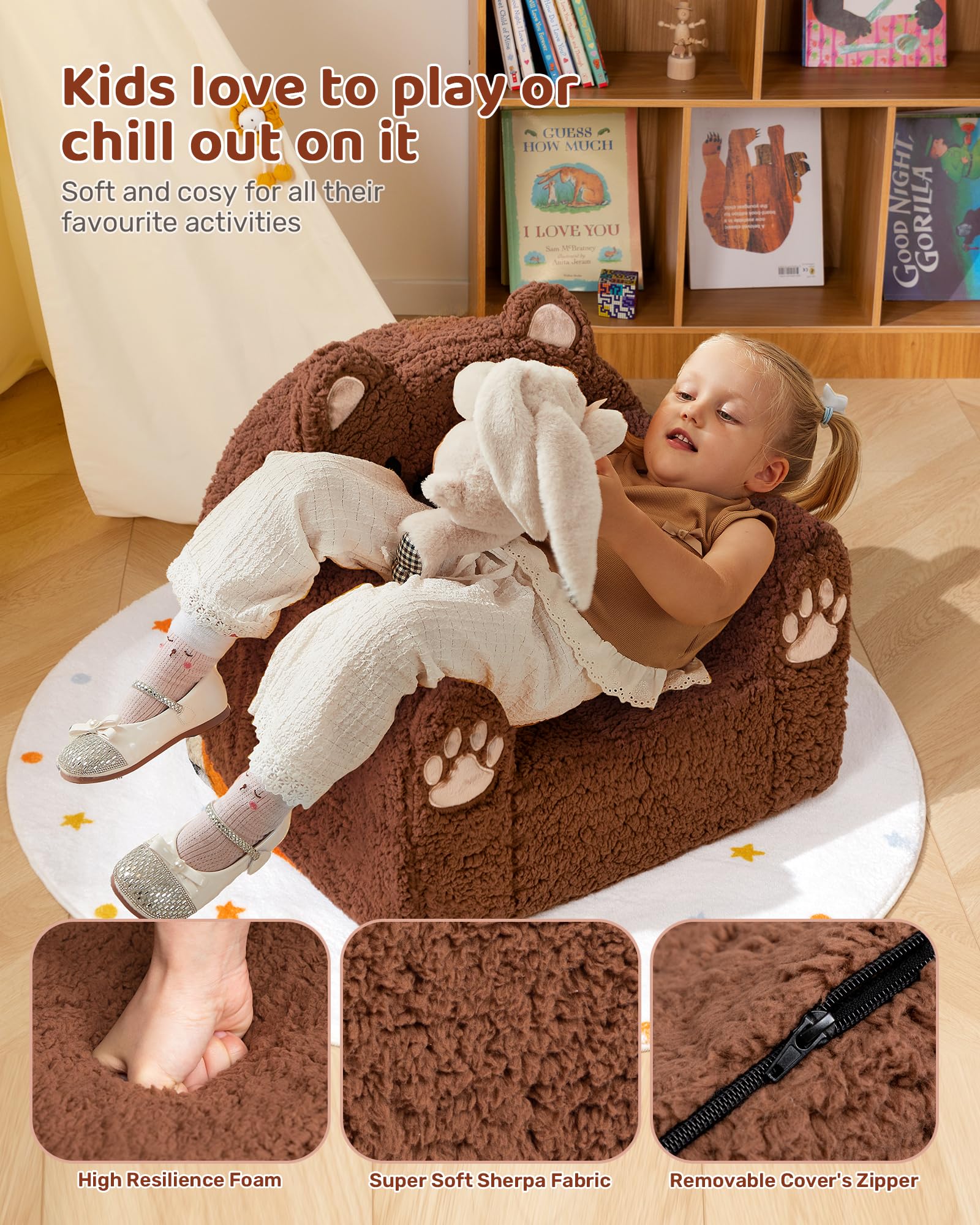 BEJOY Kindersofa Ultraweiches Kuschel-Schaumstoff kindersessel, Einzelsitz Sherpa Lesecouch für Jungen und Mädchen, Braunbär