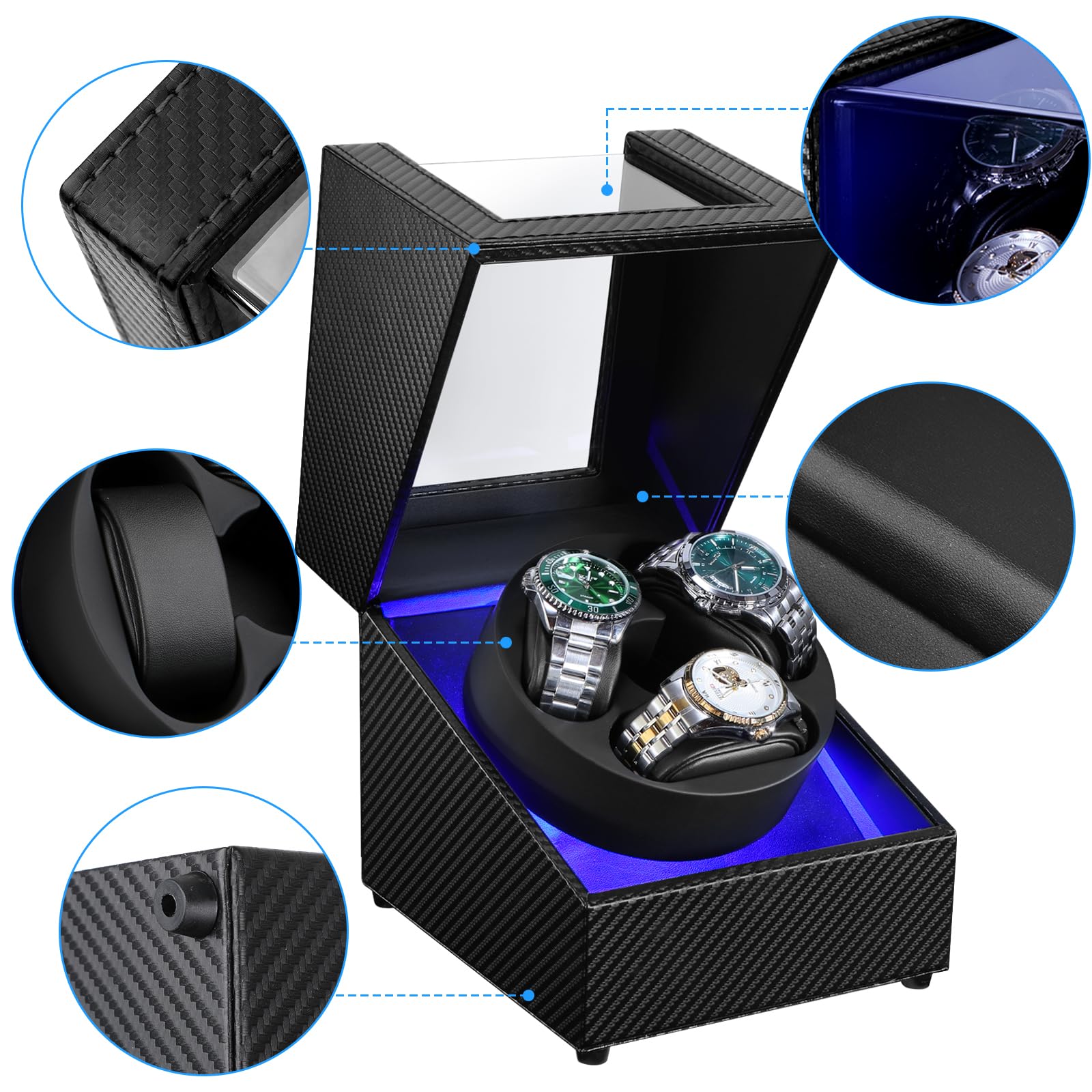 J&T Technology Uhrenbeweger für Automatikuhren, automatischer Uhrenbeweger mit LED-Licht, rotierendes Uhrengehäuse mit japanischem leisem Motor, 4 Rotationsmodi, USB Typ C