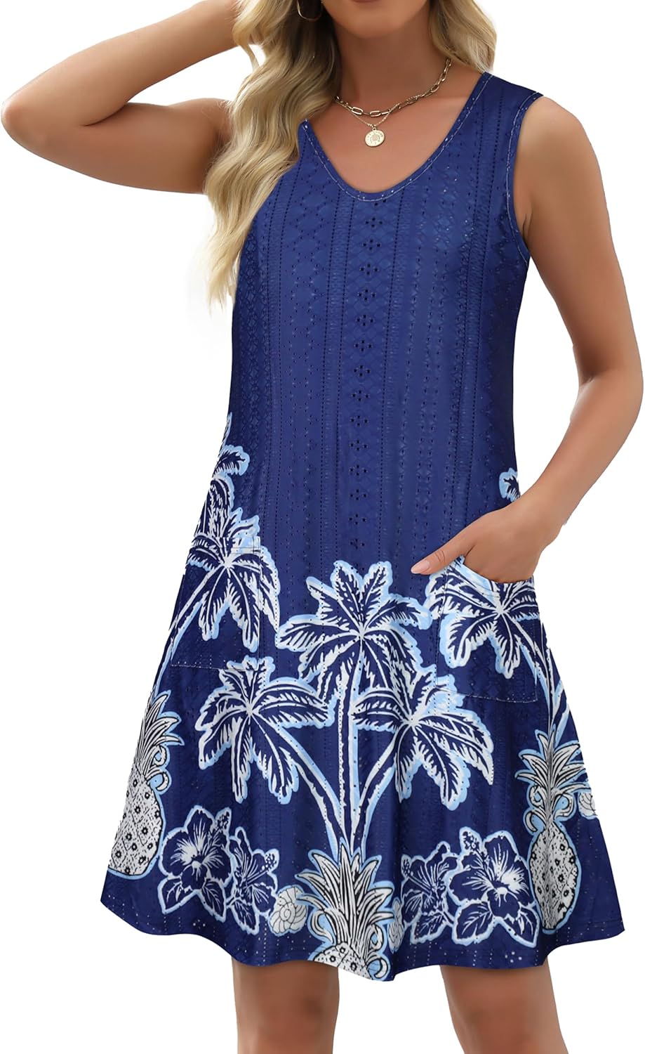 Swimsuit Coverup Summer Dresses for Women Eyelet Casual Loose Sleeveless Sundress with Pockets - Image 4