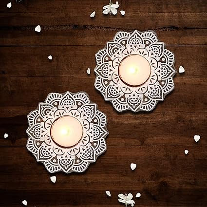 THEARTISANEMPORIUM Flower Mandala Wooden Tea Light Candle Holder, Handmade Block T Light Candle Holder for Home Decoration Festive Diwali Decoration (2 Pieces, Sheesham Wood)
