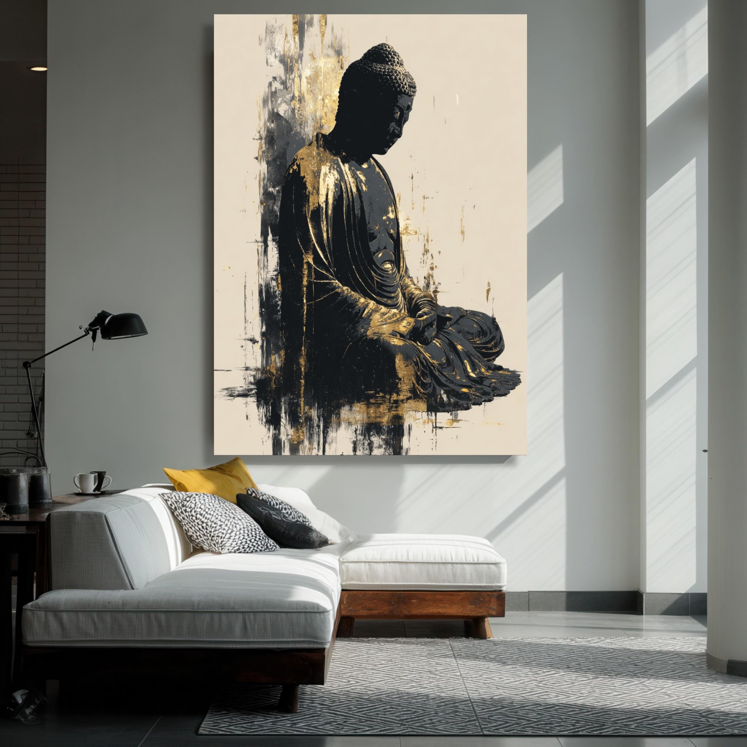 XINBAO Medytacyjny posąg Buddy na płótnie, złota i czerń, dekoracja ścienna, inspirowane zenem płótno, spokojny obraz Buddy (60 x 80 cm/wewnętrzna rama)