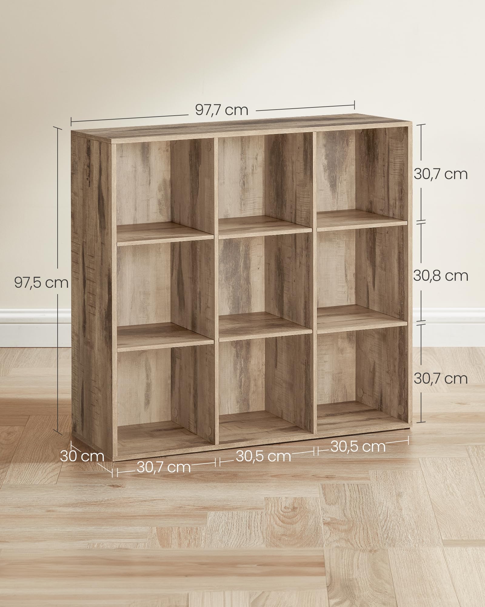 VASAGLE Custos Colección - Librería, Estantería Almacenaje, de 9 Compartimientos, para Sala de Estar, Estudio, Oficina, 30 x 97,7 x 97,5 cm, Marrón Camello LBC177K01