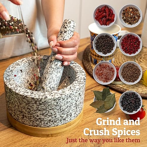 Miniatura 3 de Juego de mortero y mortero de alta resistencia con base de bambú, 4 tazas extragrandes, mortero de granito 100% natural y cuenco de molinillo de