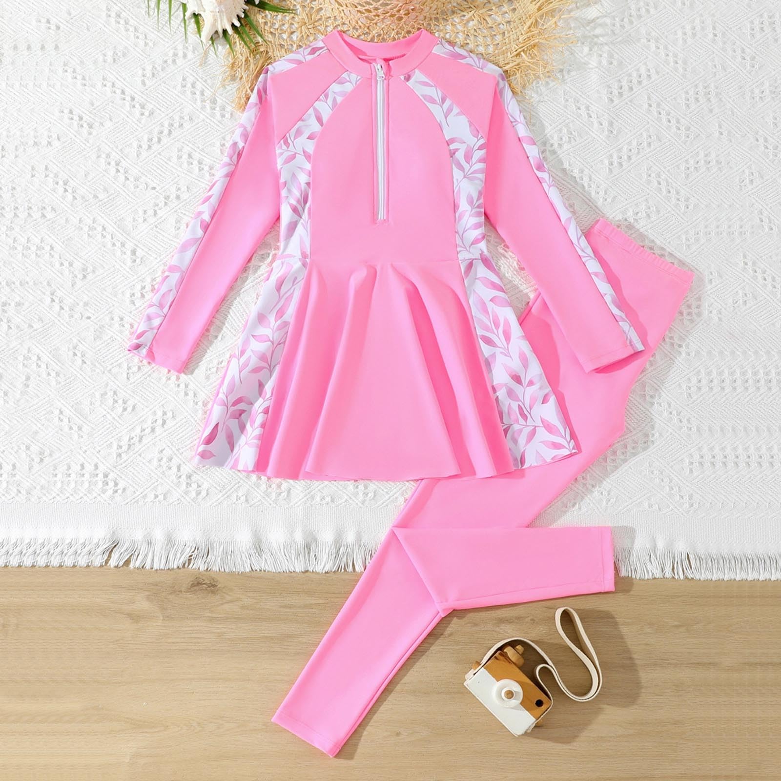 Maillot de bain 2 pièces pour fille avec protection solaire UPF 50+ - Avec motif floral et fermeture éclair à l'avant