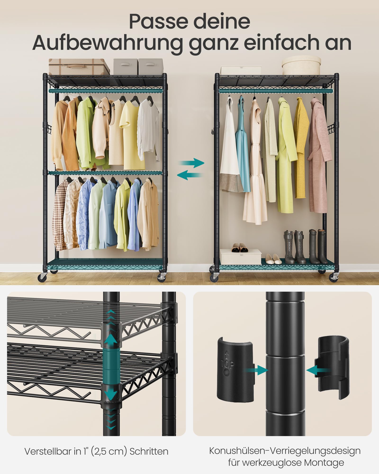 SONGMICS Kleiderständer, Schwerlast, 2 Kleiderstangen, bis 192 kg | Garderobenständer aus Stahl, mit Rollen, Höhenverstellbar, 2 Ablagen, 90 x 40 x 199 cm, DALTEN Kollektion LGR416BH01