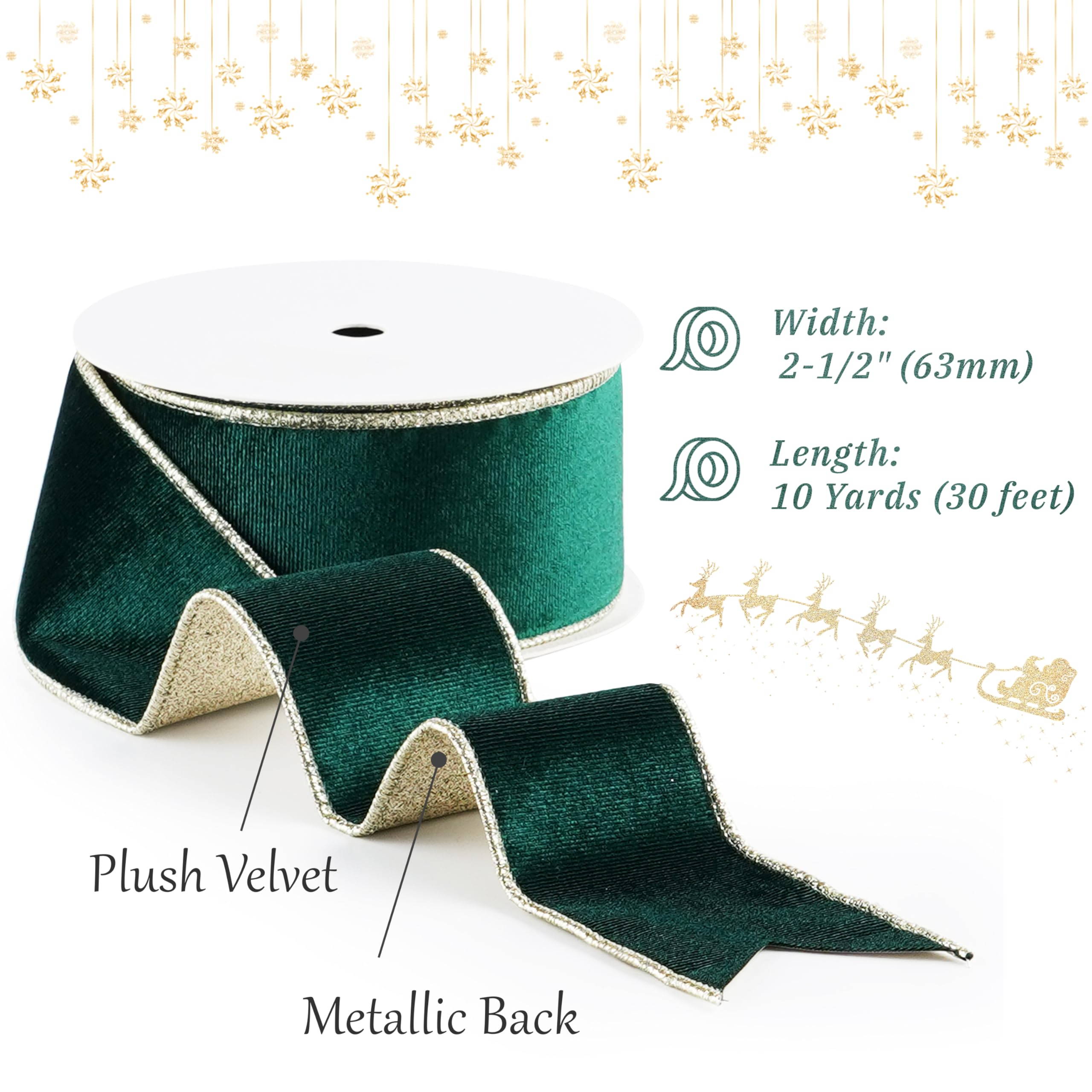 Cinta de terciopelo verde con alambre y parte trasera de purpurina de 2.5 pulgadas, cinta de Navidad verde oscuro y dorado para árbol de Navidad, envoltura de regalos, manualidades,