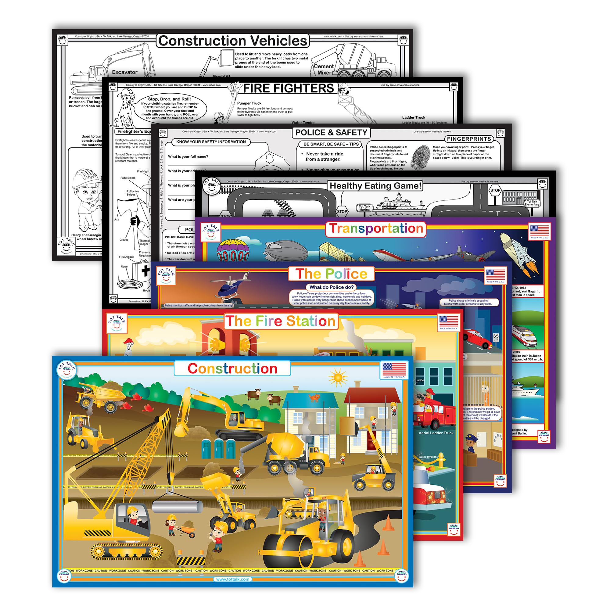 Tot Talk Vehicles & Community Helpers Educational Placemat 4-Pack for Kids – Made in USA – Transportation, Construction, Fire Station, & Police – Durable, Double-Sided, Waterproof, Wipeable Mats