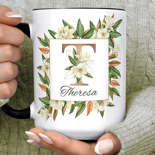 Magnolia Flowers Monogram Name Coffee Mug | Beautiful Floral Initial Custom Ceramic Cup Microwave Dishwasher Safe Gift