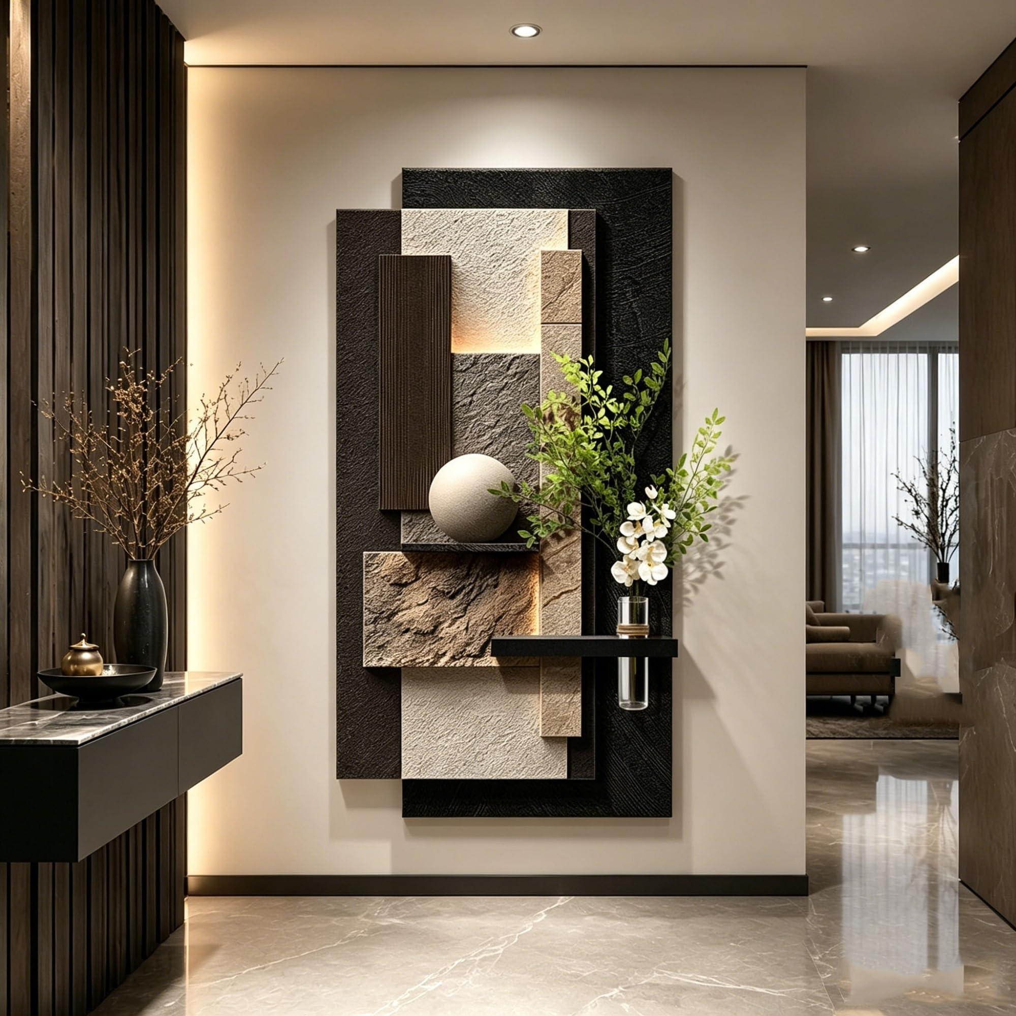 OEPCHEFACX 3D Sandstone-Effect Backlit Wall Art, Plug-In LED Wall Sculpture with Glass Vase, Modern Wall Decor for Entryway Living Room Hallway(A,140 * 70cm/55 * 27.6in)