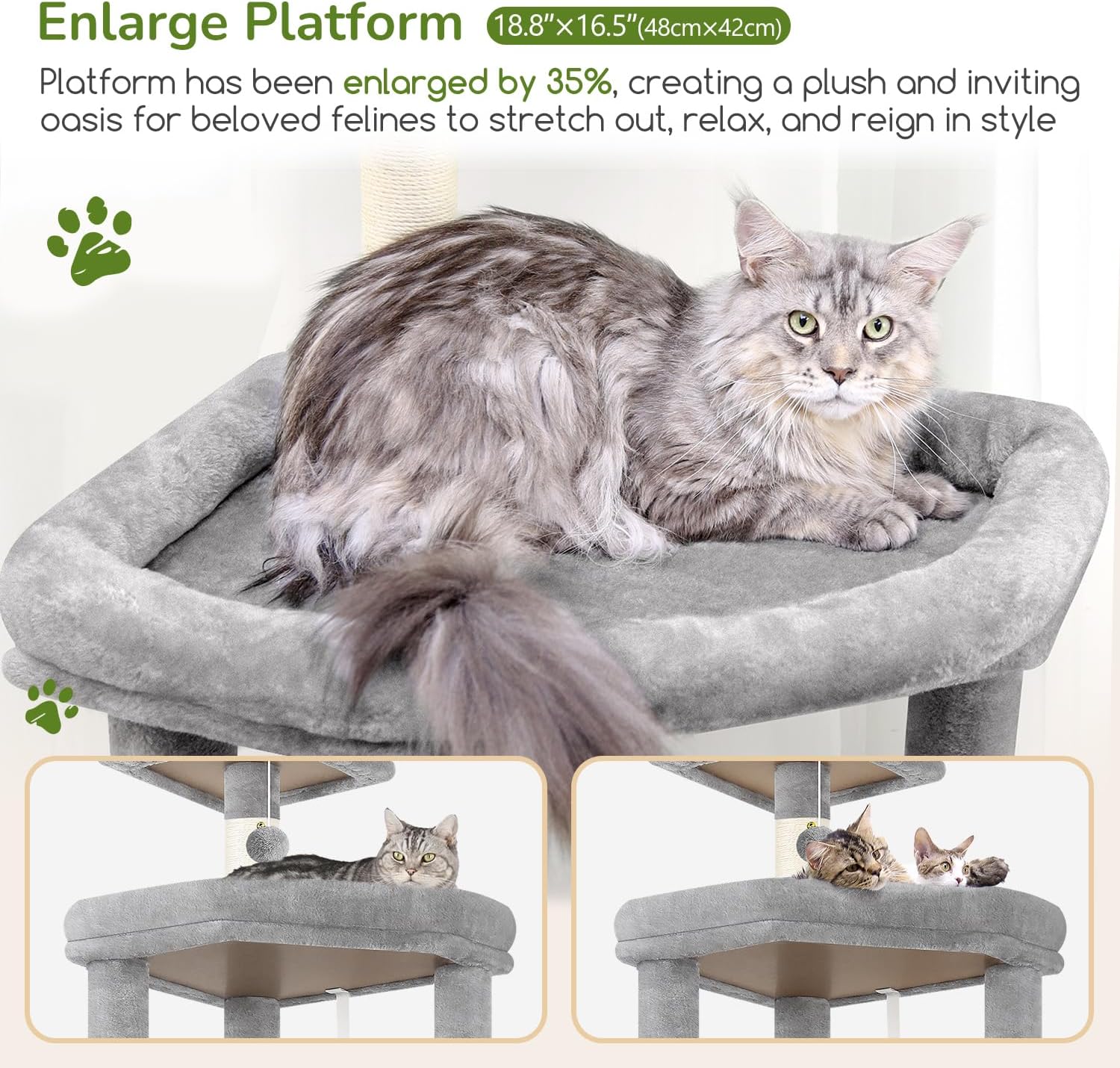 Globlazer Extra Large Platform Cat Tree, 65in Sturdy Cat Tree for Indoor Cats Large Adult, Big Cat Tower for Big Cats with 3 Enlarged Perches, 6 Scratching Posts, Cat Condo, Hammock, S65, Light Grey