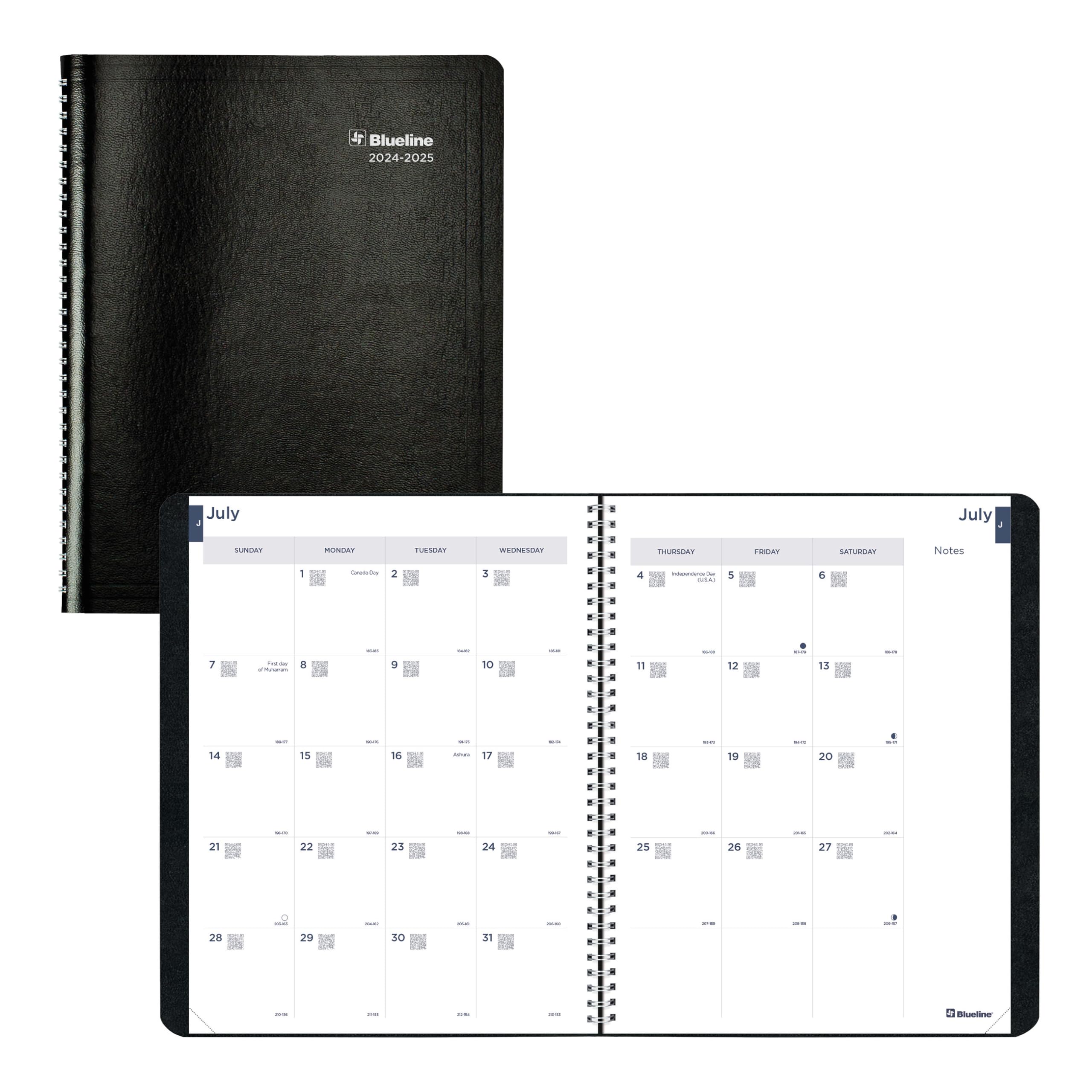 Blueline® Essential Academic Monthly Planner, 14 Months, July 2024 to August 2025, Twin-Wire Binding, Soft Vicuana Cover, 11" x 8.5", Black (CA701.BLK